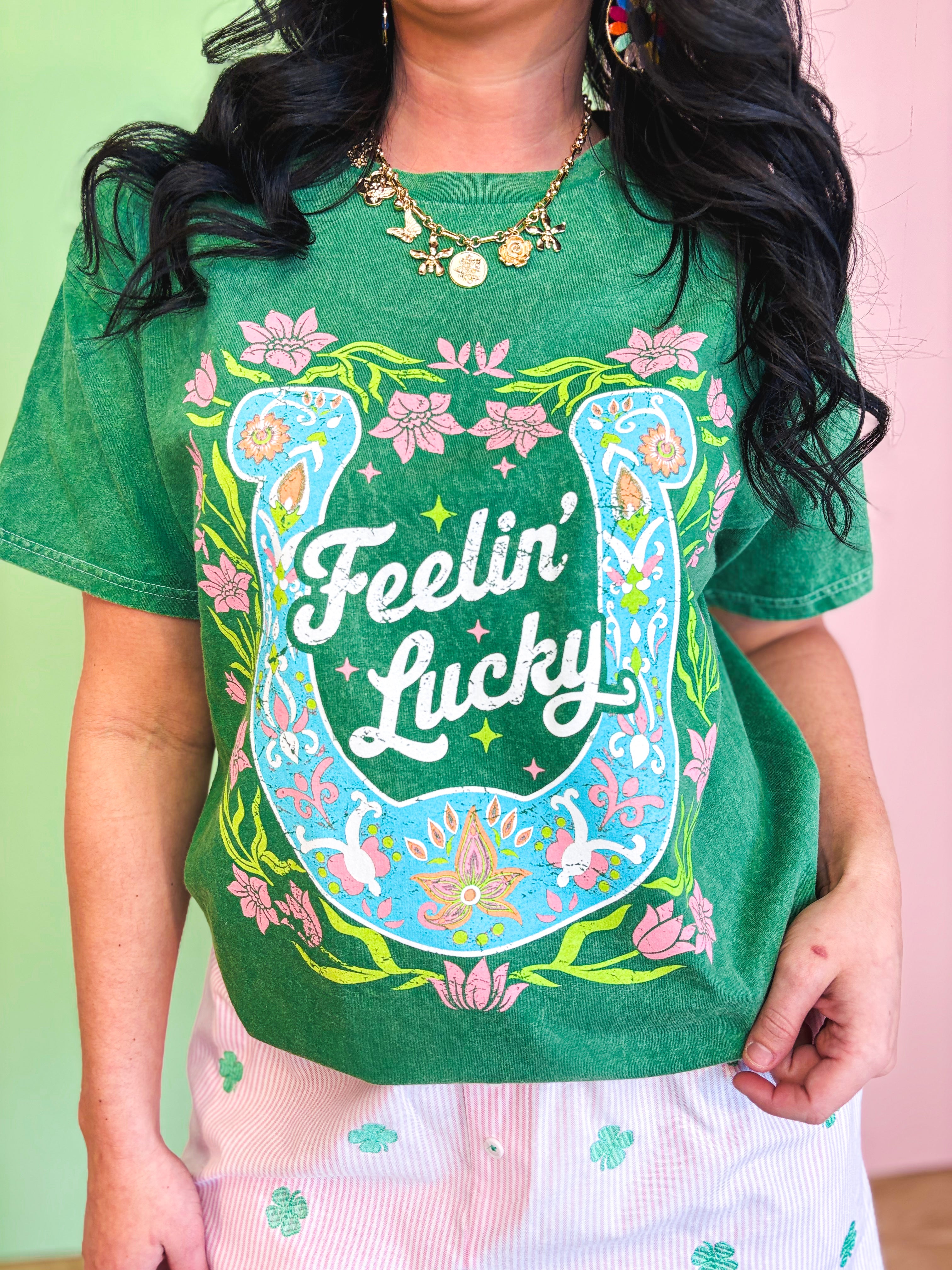 Feelin' Lucky Horseshoe Graphic Tee - Kelly Green - Lace and Grace Boutique