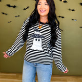 Halloween Ghost Patch Striped Long Sleeve Top - Black/White