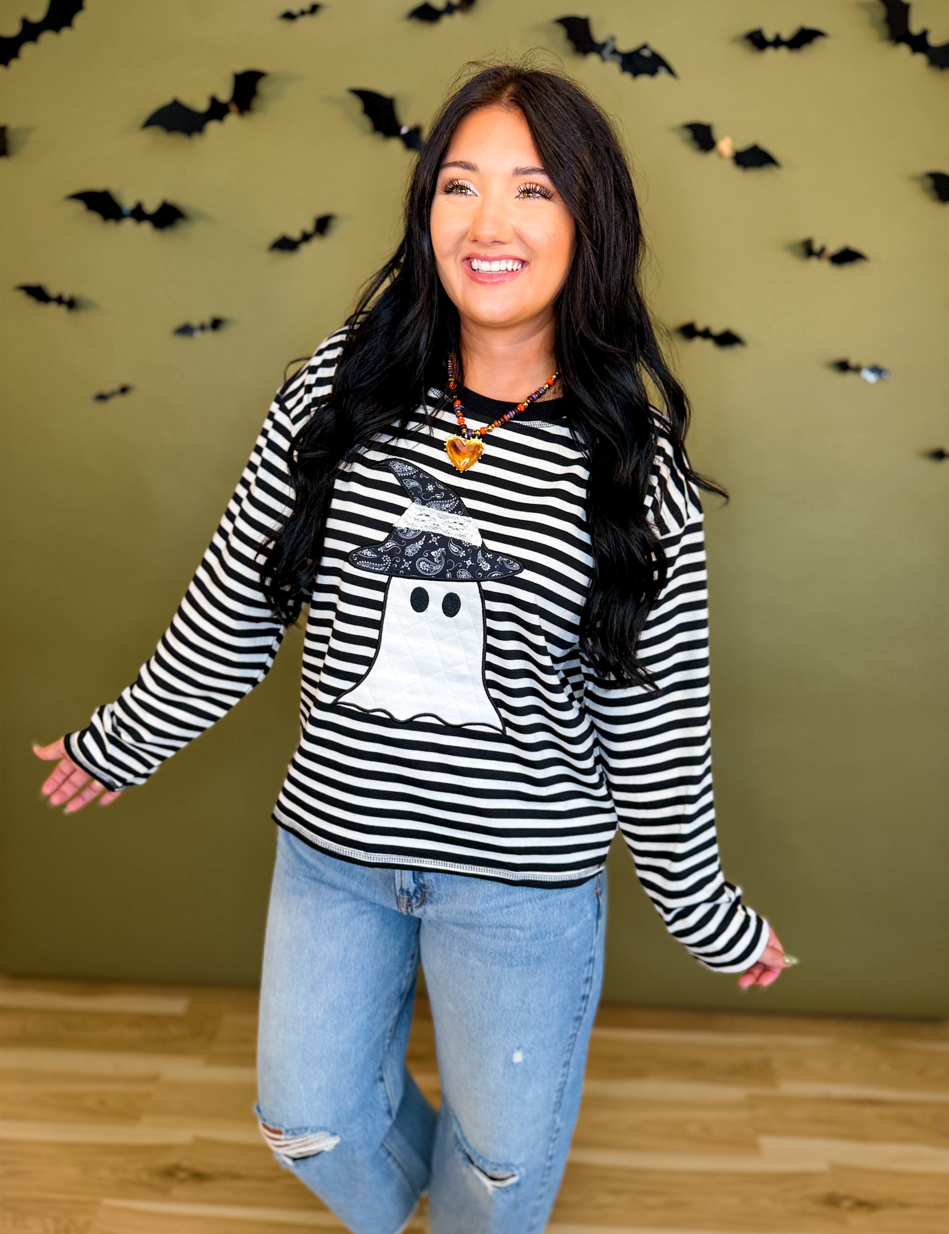 Halloween Ghost Patch Striped Long Sleeve Top - Black/White - Lace and Grace Boutique
