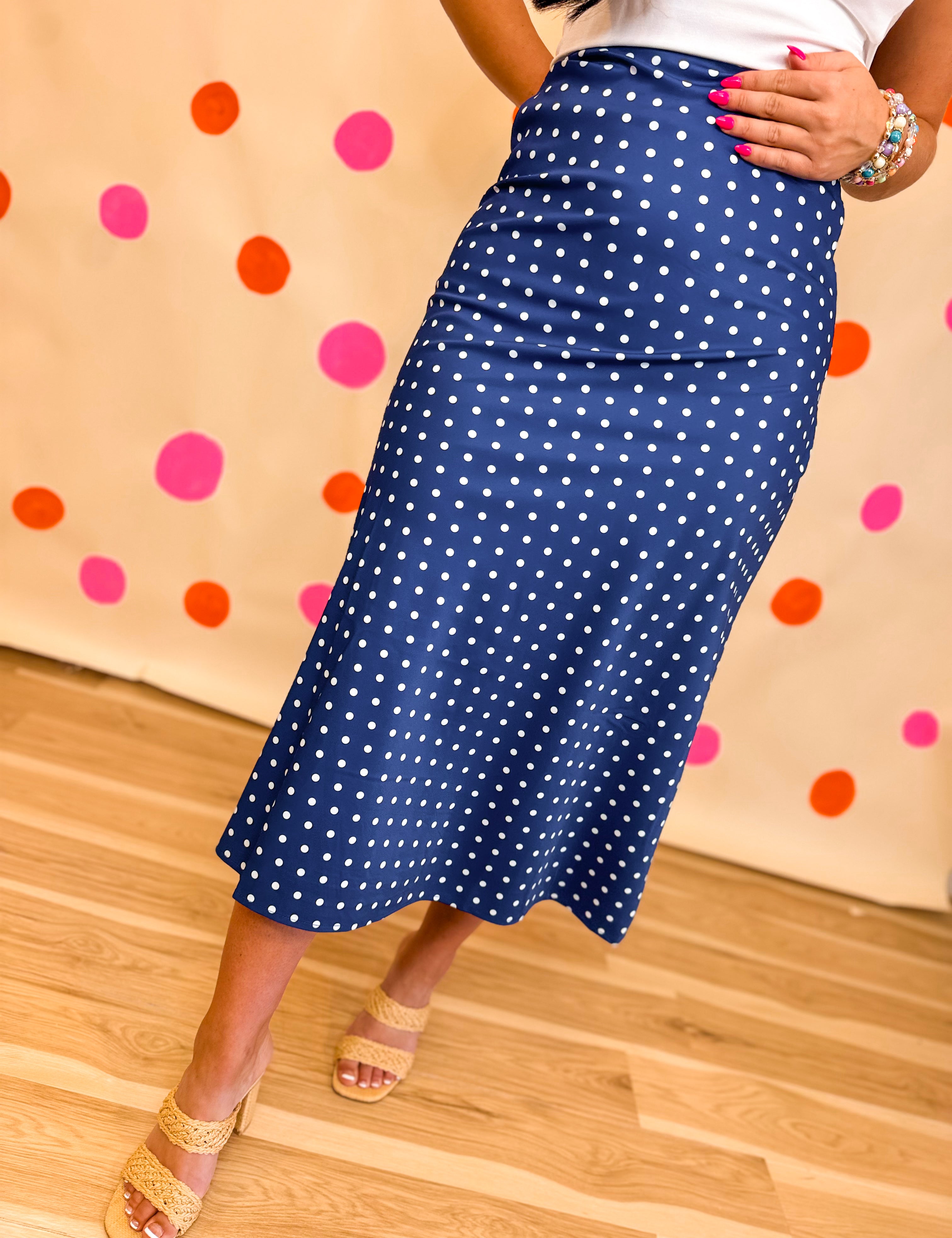 Polka Dot Silky Satin Midi Skirt - Navy/Ivory - Lace and Grace Boutique