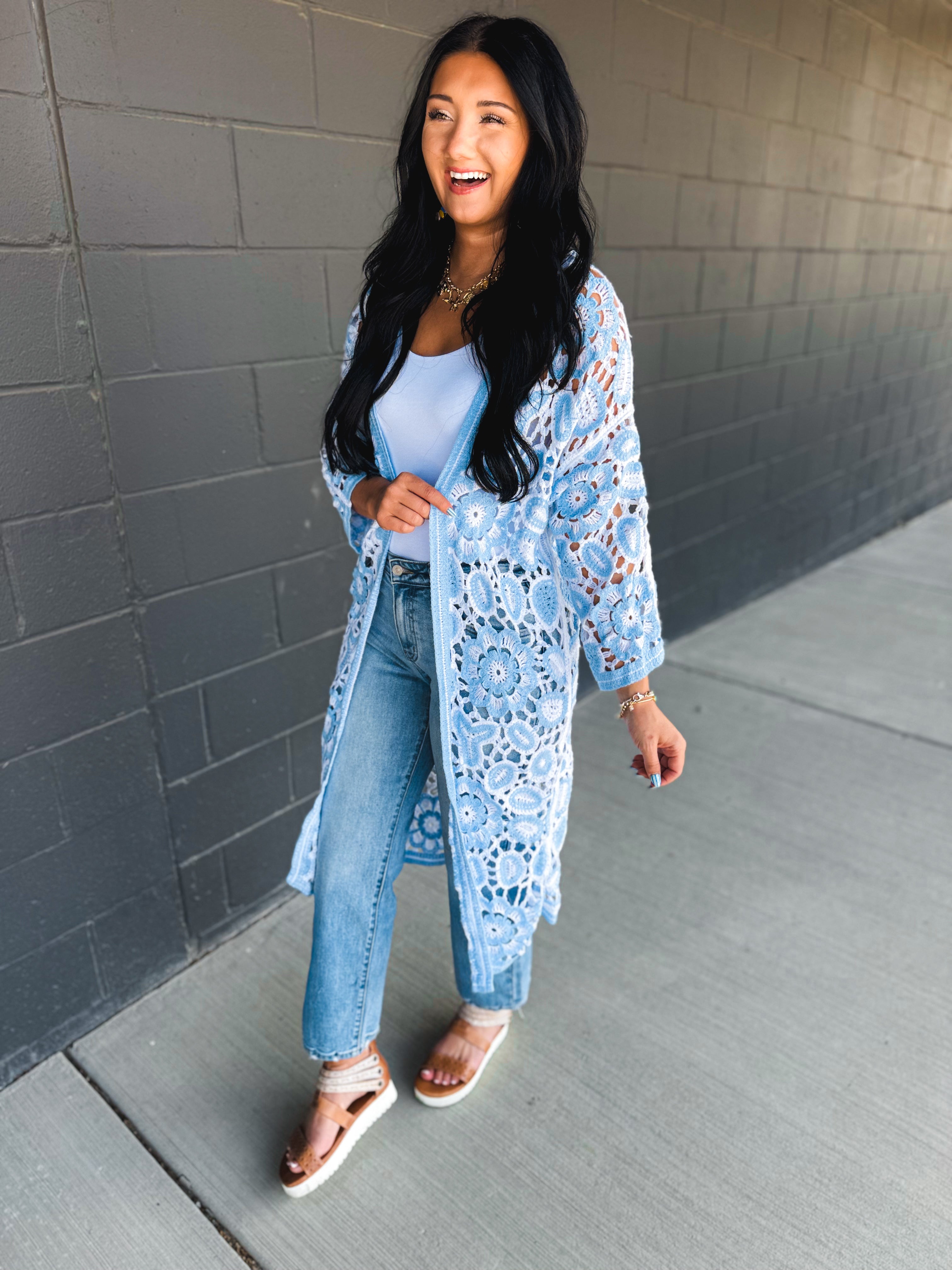 POL Crochet Knit Weave Cardigan - Blue - Lace and Grace Boutique