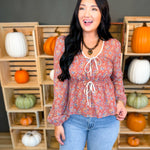 Floral Front Tie Tiered Blouse - Rust Multi - Lace and Grace Boutique