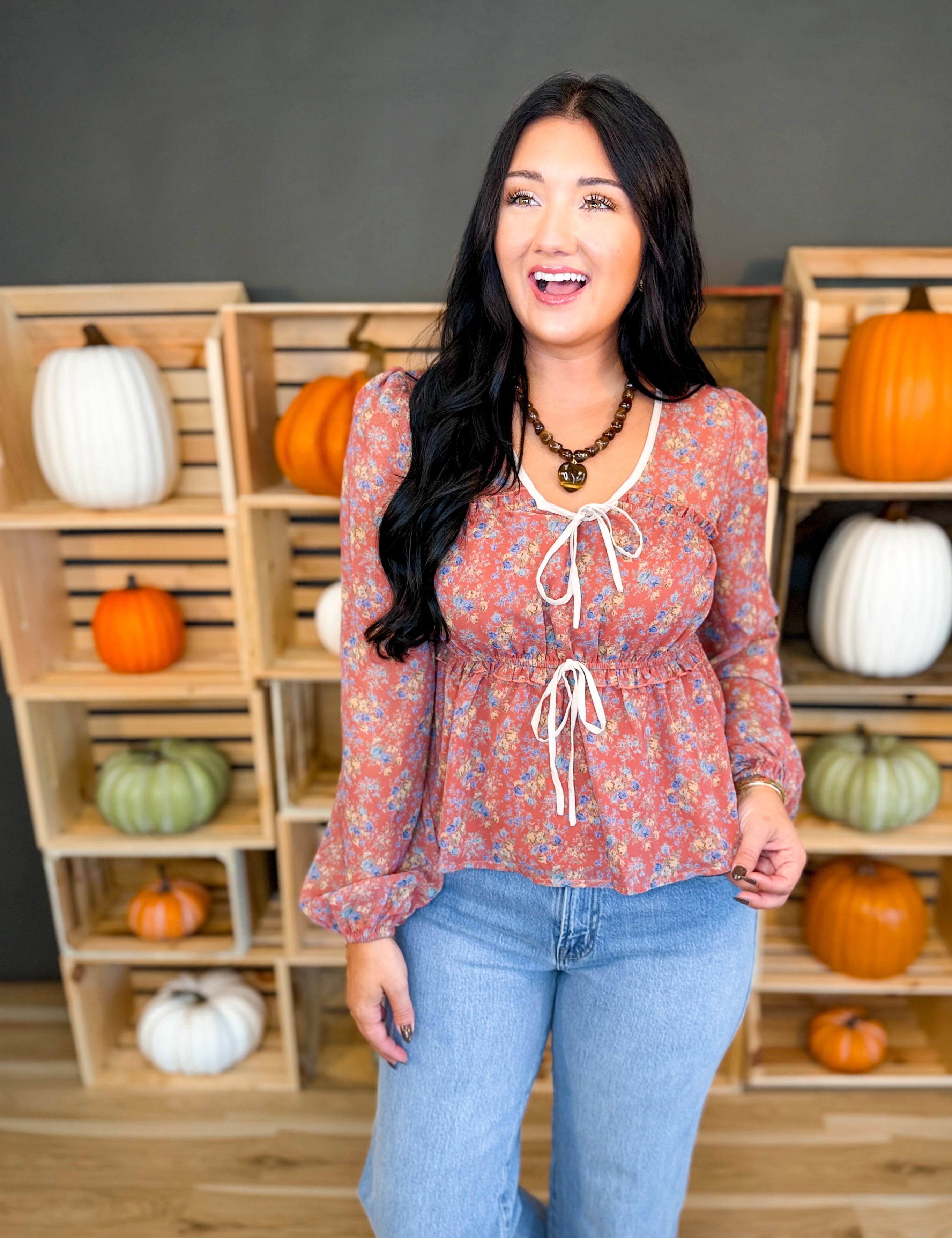Floral Front Tie Tiered Blouse - Rust Multi - Lace and Grace Boutique