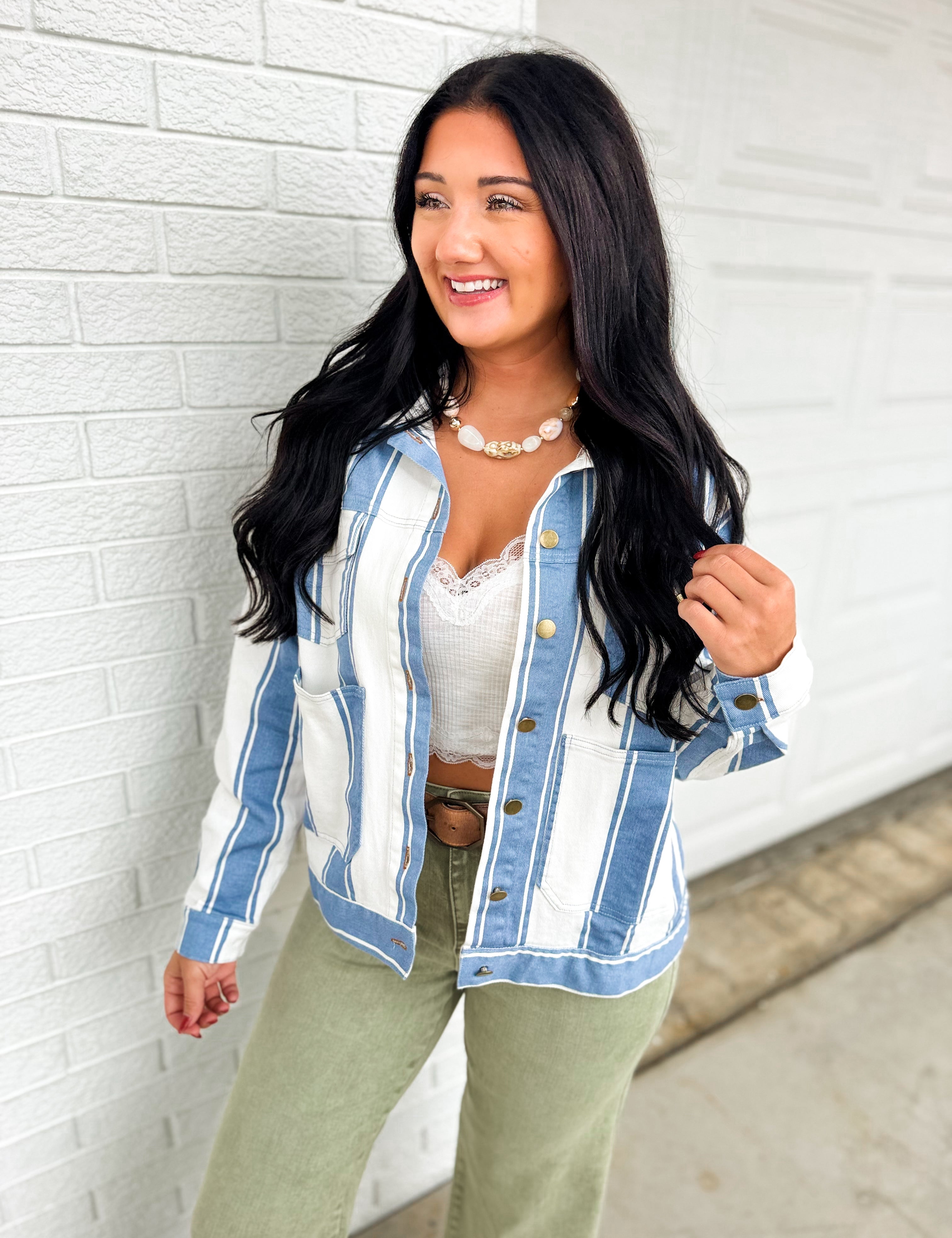 Vintage Striped Denim Jacket - Light Denim - Lace and Grace Boutique