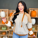 Striped Color Block Quilted Hoodie - Mocha/Taupe - Lace and Grace Boutique