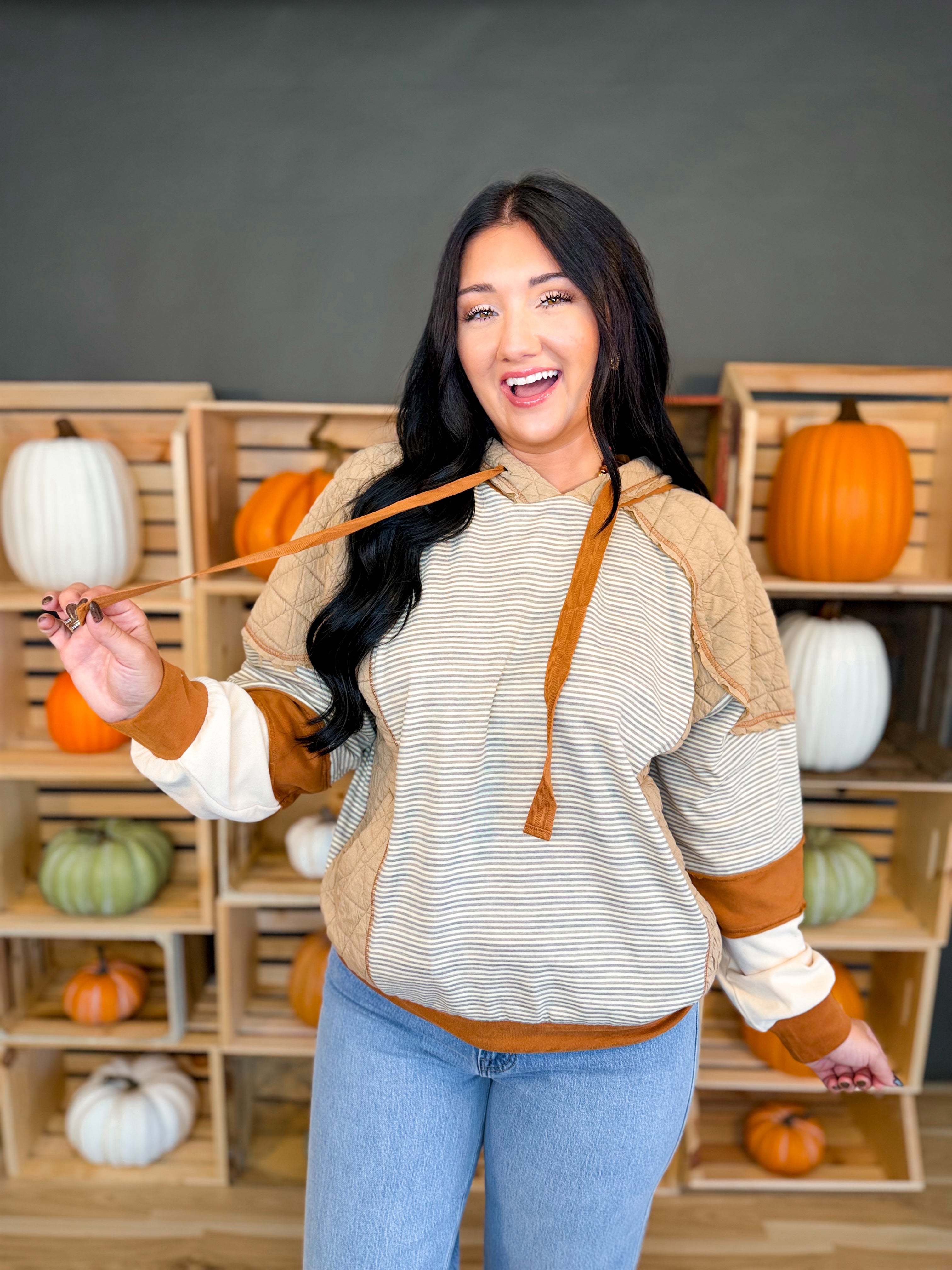 Striped Color Block Quilted Hoodie - Mocha/Taupe - Lace and Grace Boutique