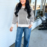 Ribbed Two-Tone Crewneck Sweater - Black - Lace and Grace Boutique