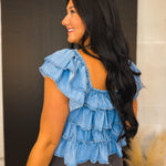 Tiered Flutter Sleeve Chambray Denim Top - Lace and Grace Boutique