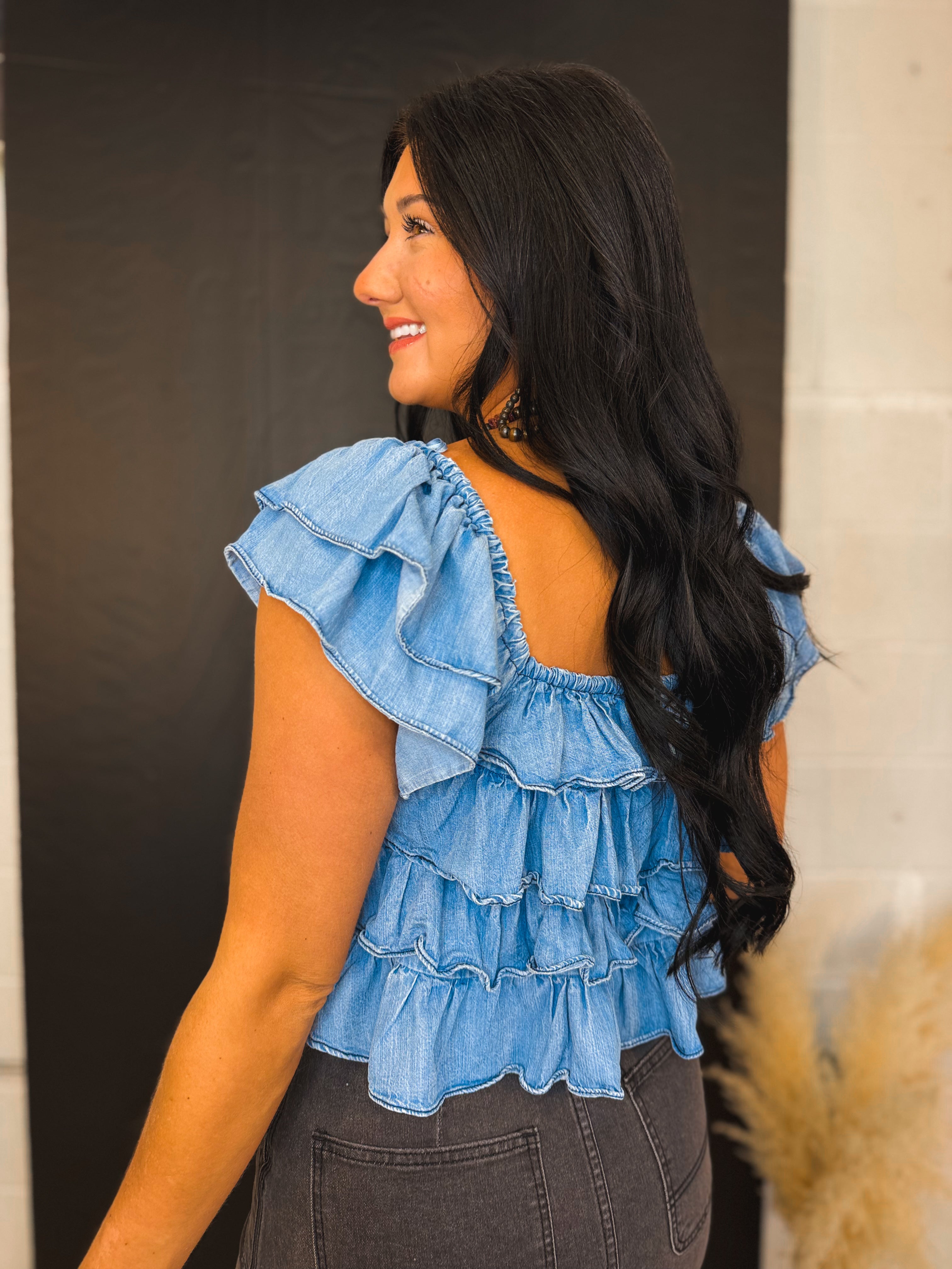 Tiered Flutter Sleeve Chambray Denim Top - Lace and Grace Boutique