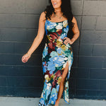 Floral Satin Slip Maxi Dress - Blue Multi - Lace and Grace Boutique