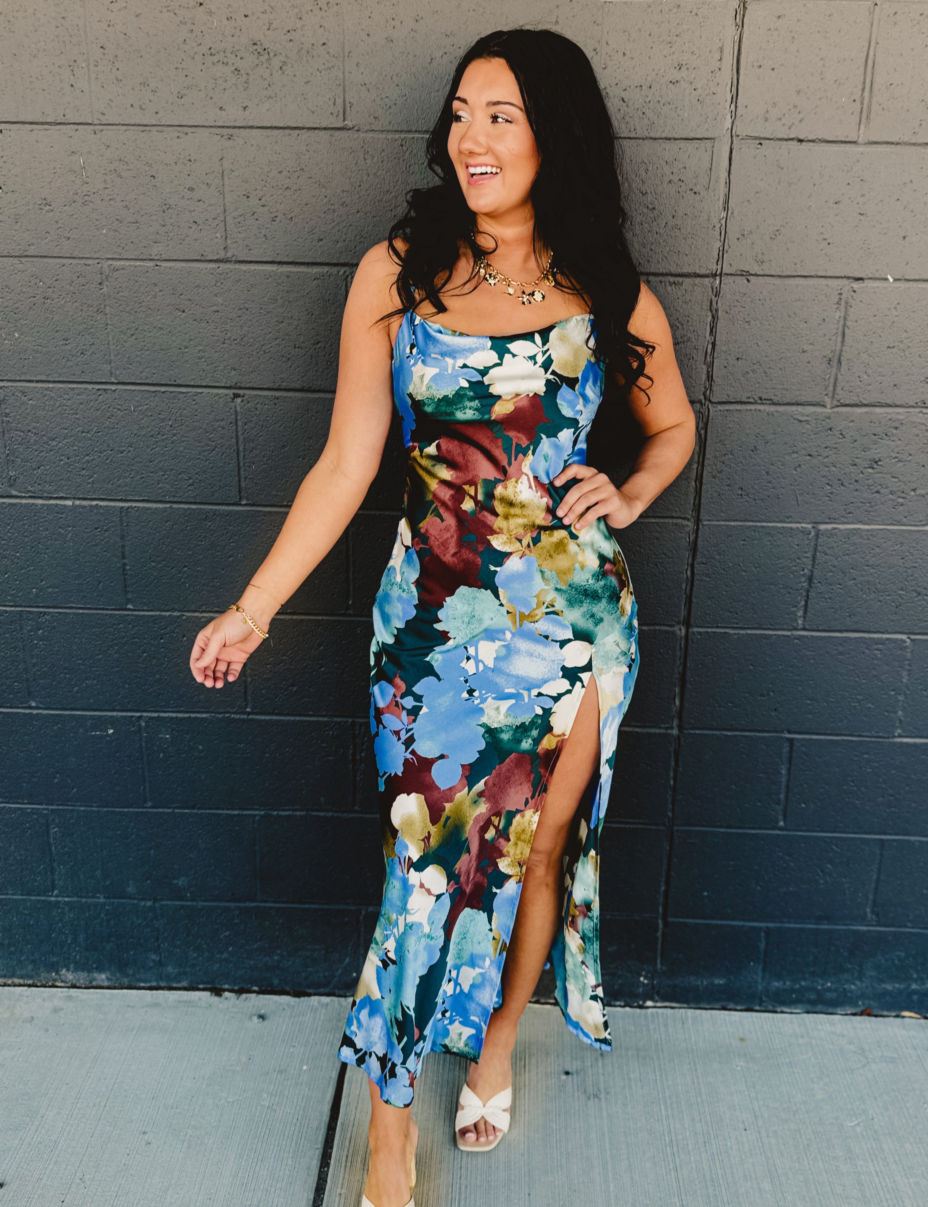 Floral Satin Slip Maxi Dress - Blue Multi - Lace and Grace Boutique