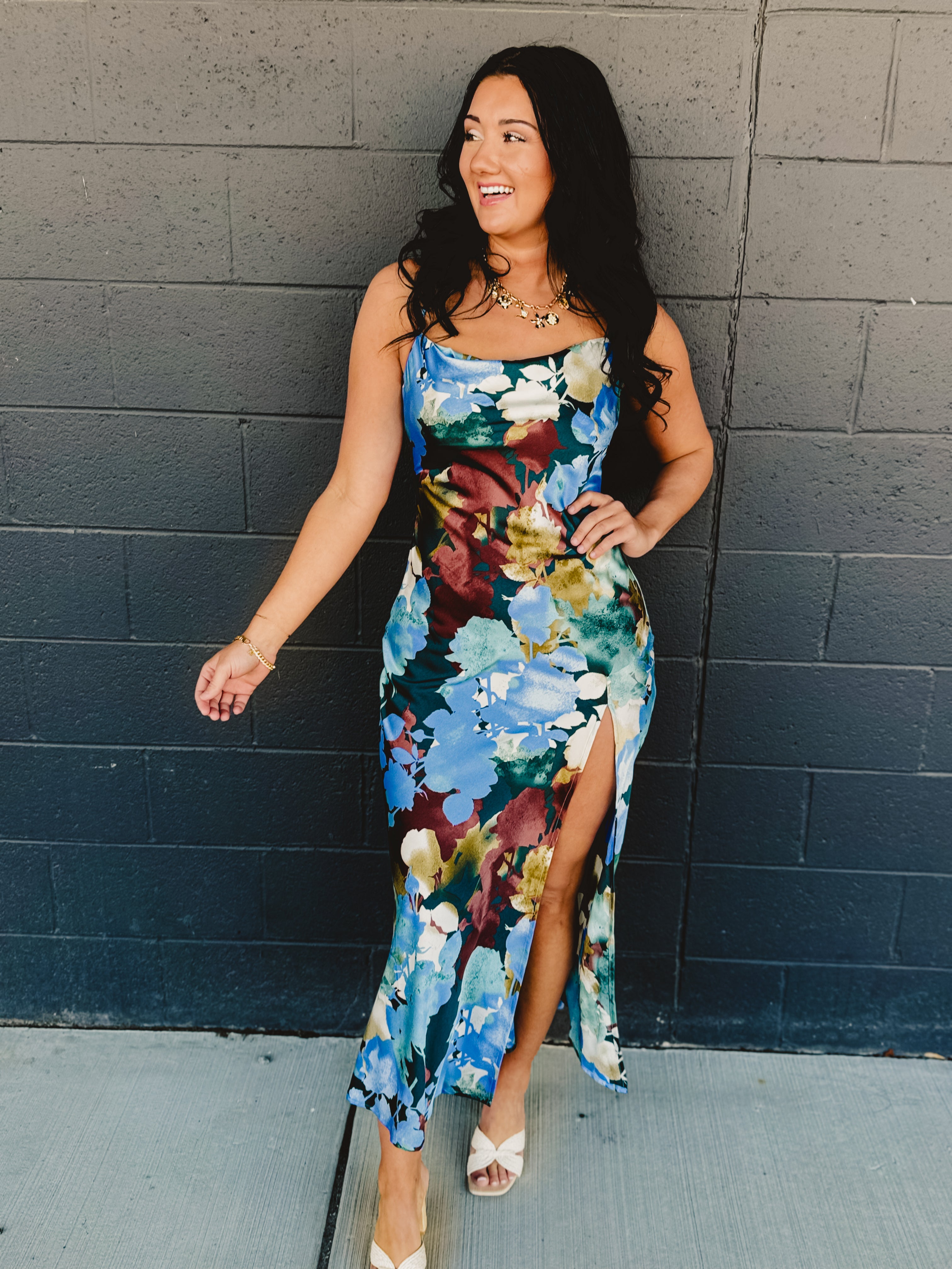 Floral Satin Slip Maxi Dress - Blue Multi - Lace and Grace Boutique