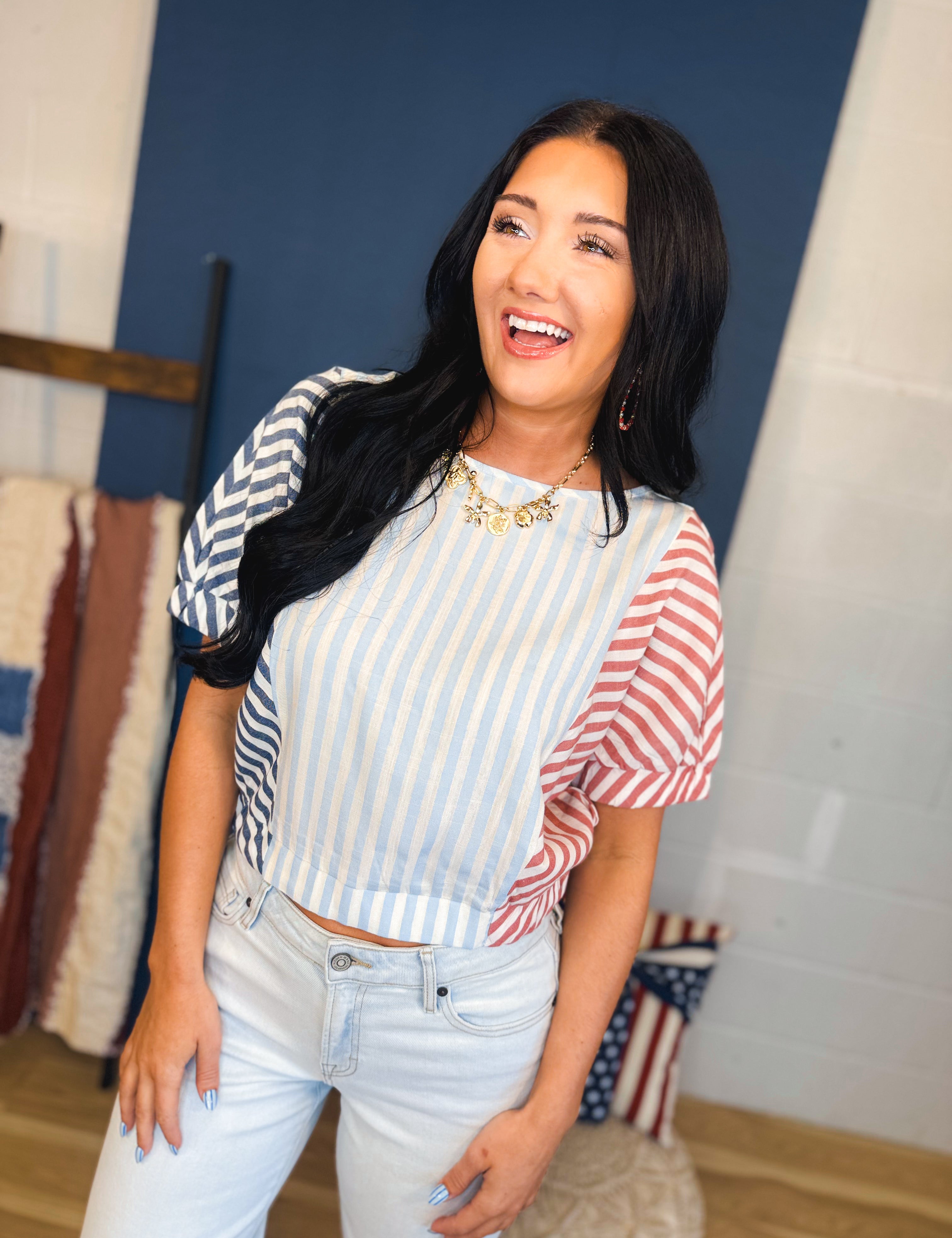 Striped Color Block Blouse - Red/White/Blue - Lace and Grace Boutique