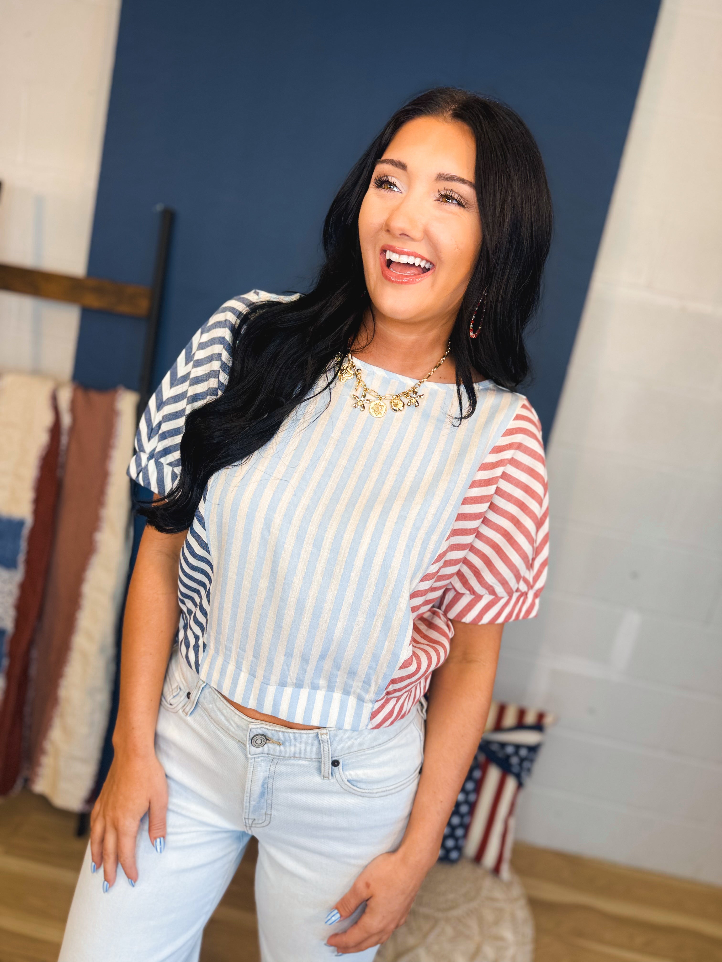 Striped Color Block Blouse - Red/White/Blue - Lace and Grace Boutique