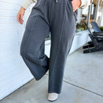 Pigment Wash French Terry Wide Leg Pants - Black - Lace and Grace Boutique