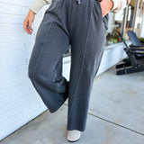 Pigment Wash French Terry Wide Leg Pants - Black - Lace and Grace Boutique