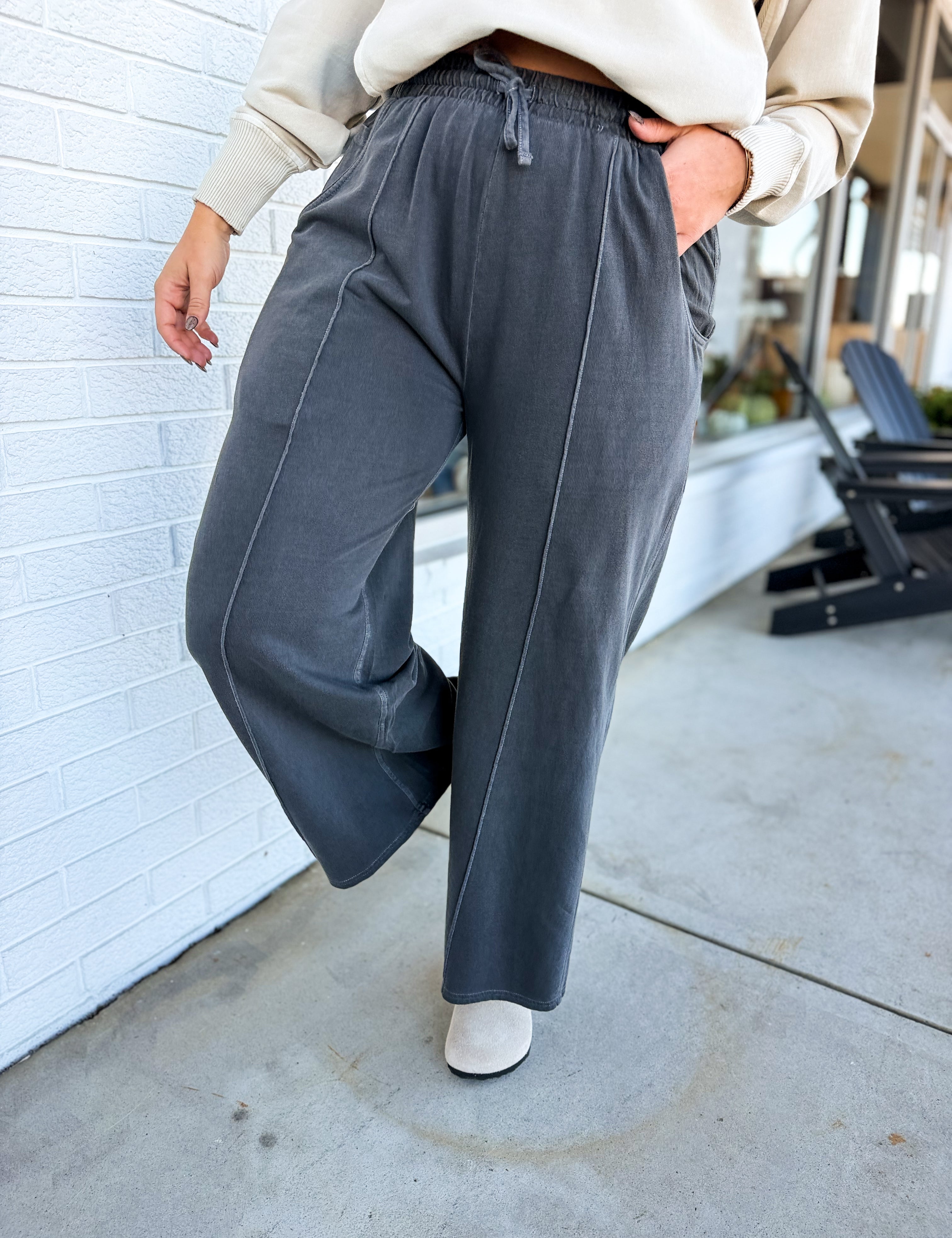 Pigment Wash French Terry Wide Leg Pants - Black - Lace and Grace Boutique