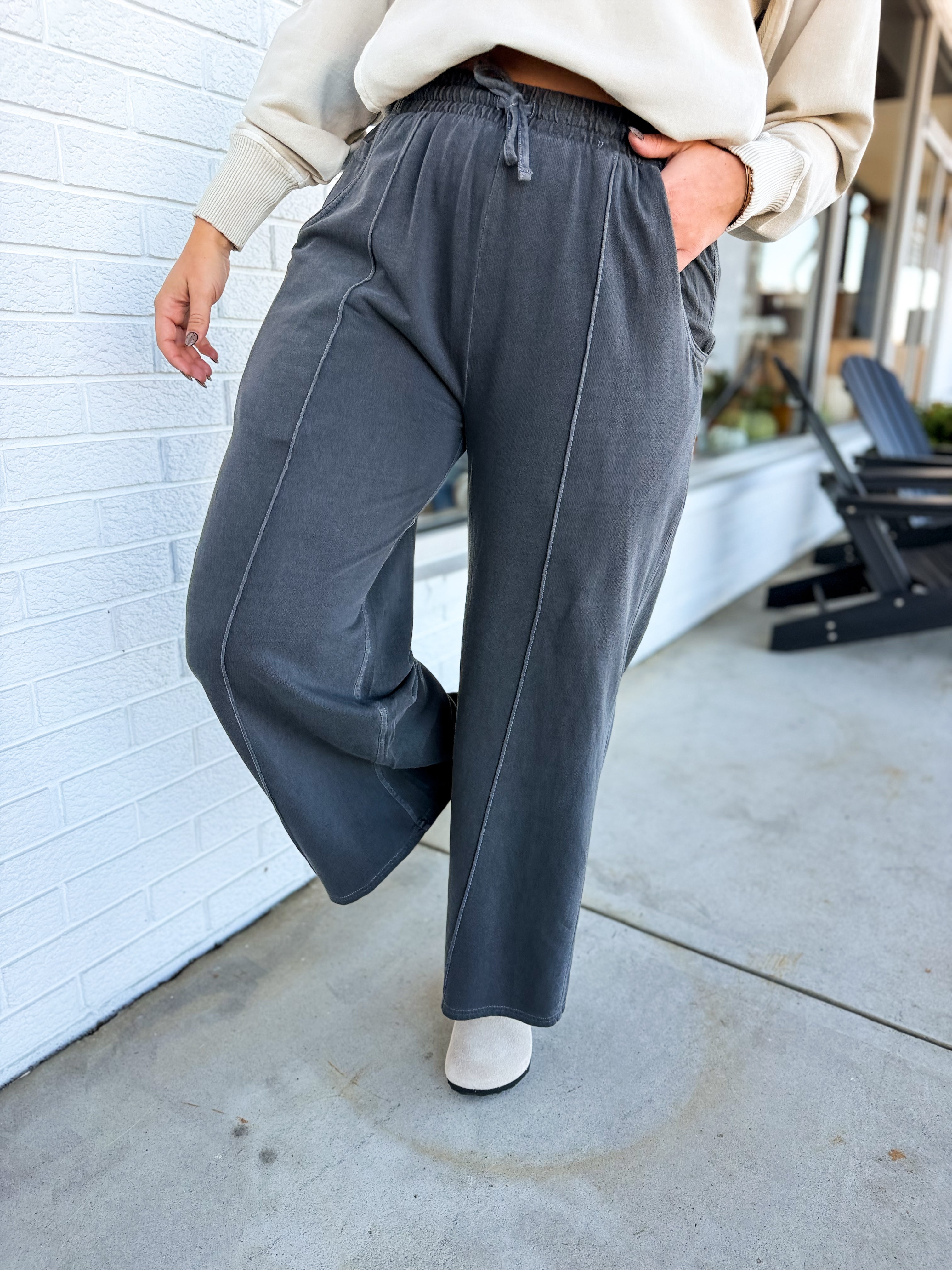 Pigment Wash French Terry Wide Leg Pants - Black - Lace and Grace Boutique