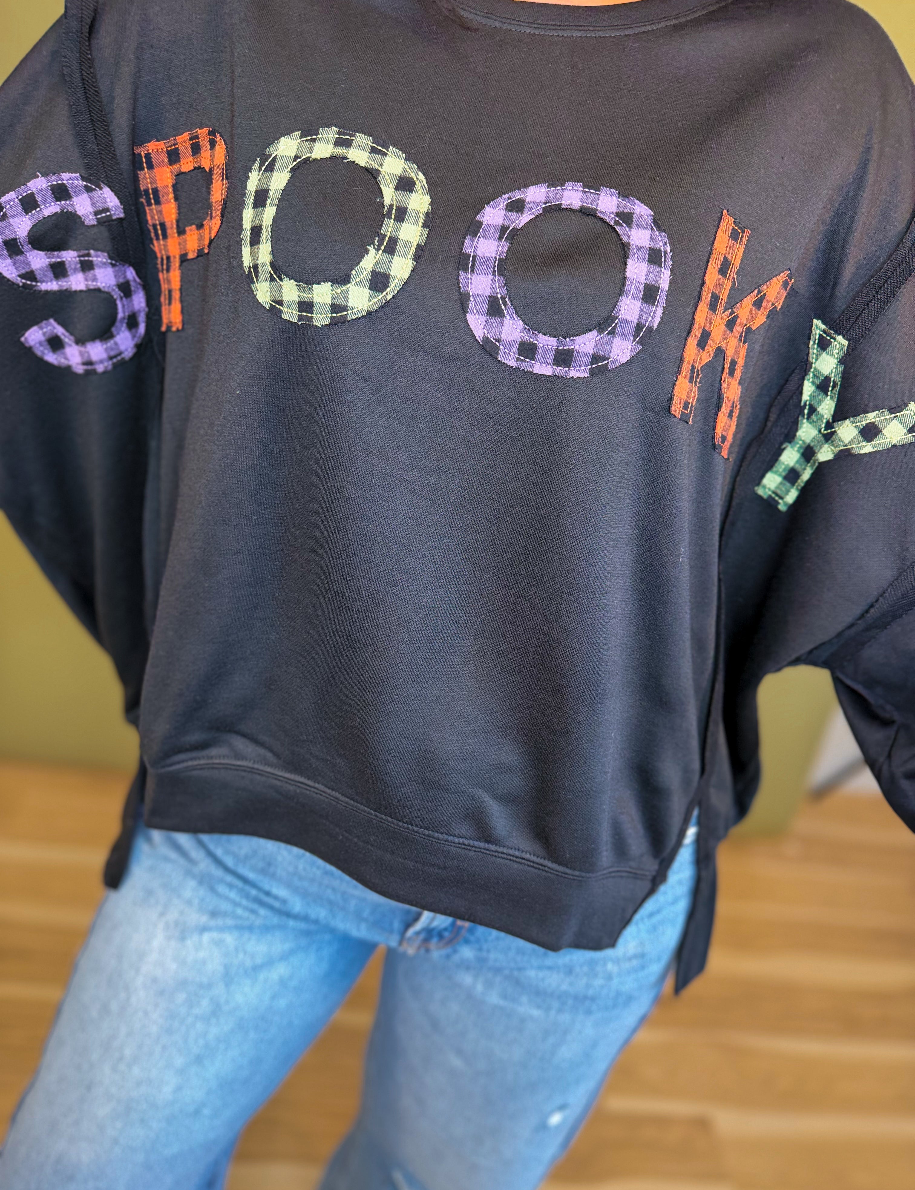 Spooky Plaid Letter Oversized Sweatshirt - Black - Lace and Grace Boutique