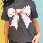 Baseball Coquette Bow Graphic Tee - Pepper - Lace and Grace Boutique