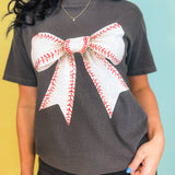 Baseball Coquette Bow Graphic Tee - Pepper - Lace and Grace Boutique