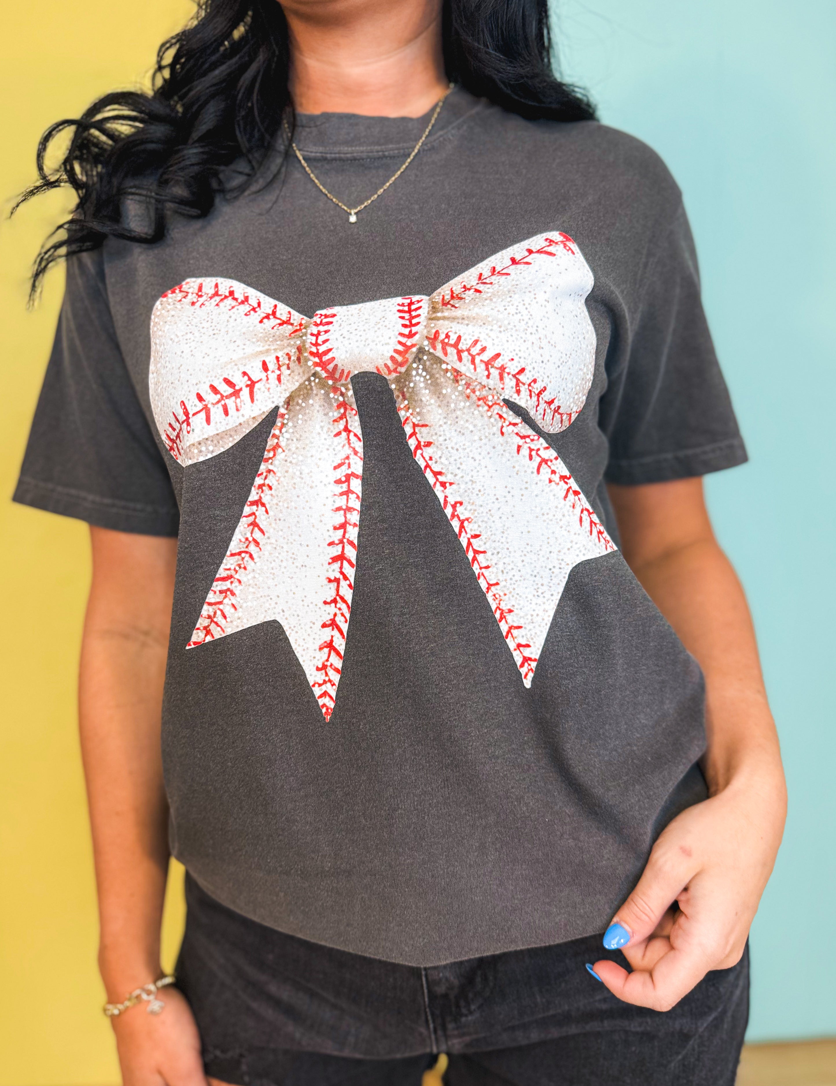 Baseball Coquette Bow Graphic Tee - Pepper - Lace and Grace Boutique