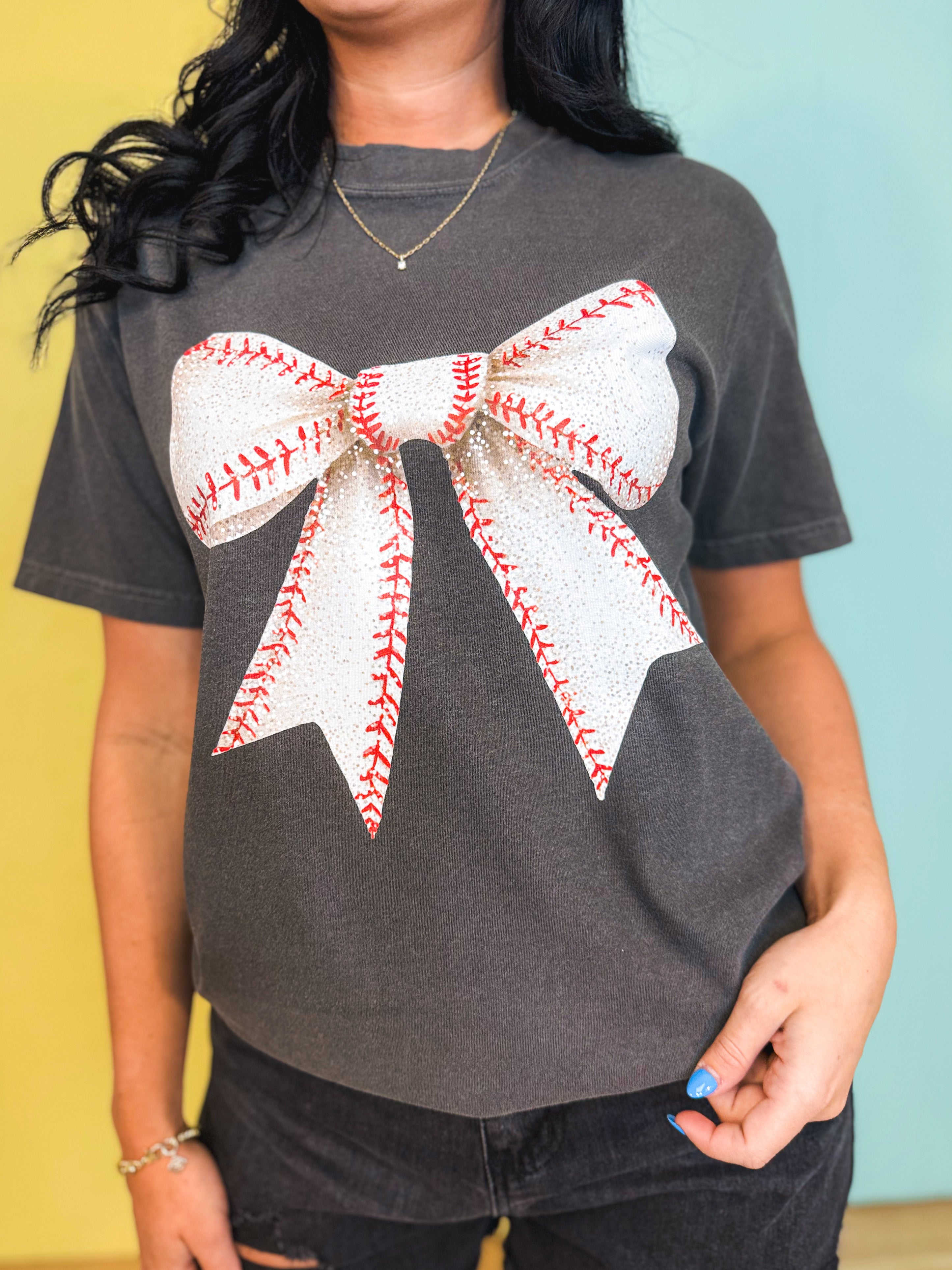 Baseball Coquette Bow Graphic Tee - Pepper - Lace and Grace Boutique