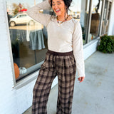 Checkered Plaid Printed Relaxed Wide Leg Pants - Brown