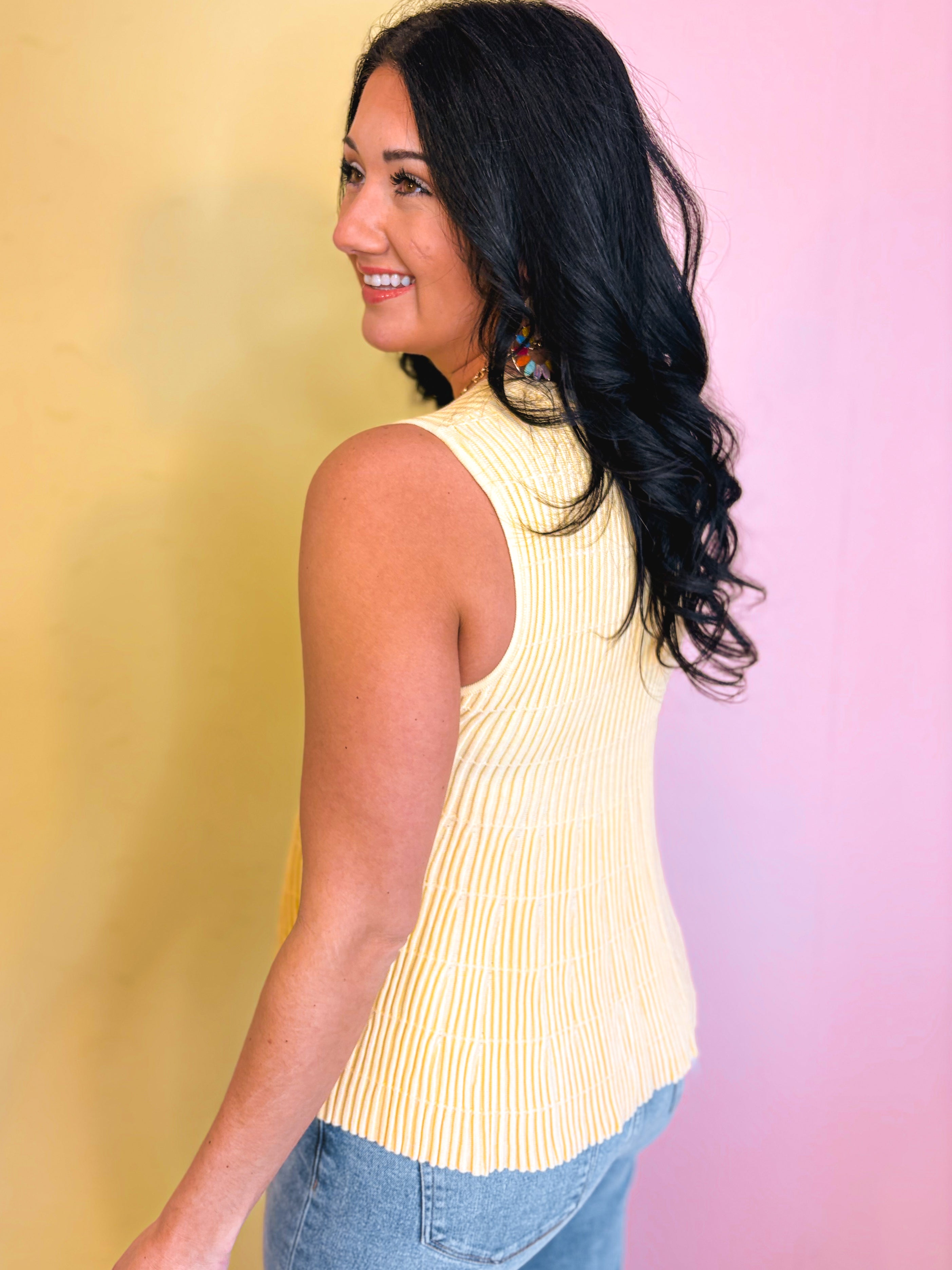 Flared Ribbed Knit Sweater Tank Top - Lemon - Lace and Grace Boutique