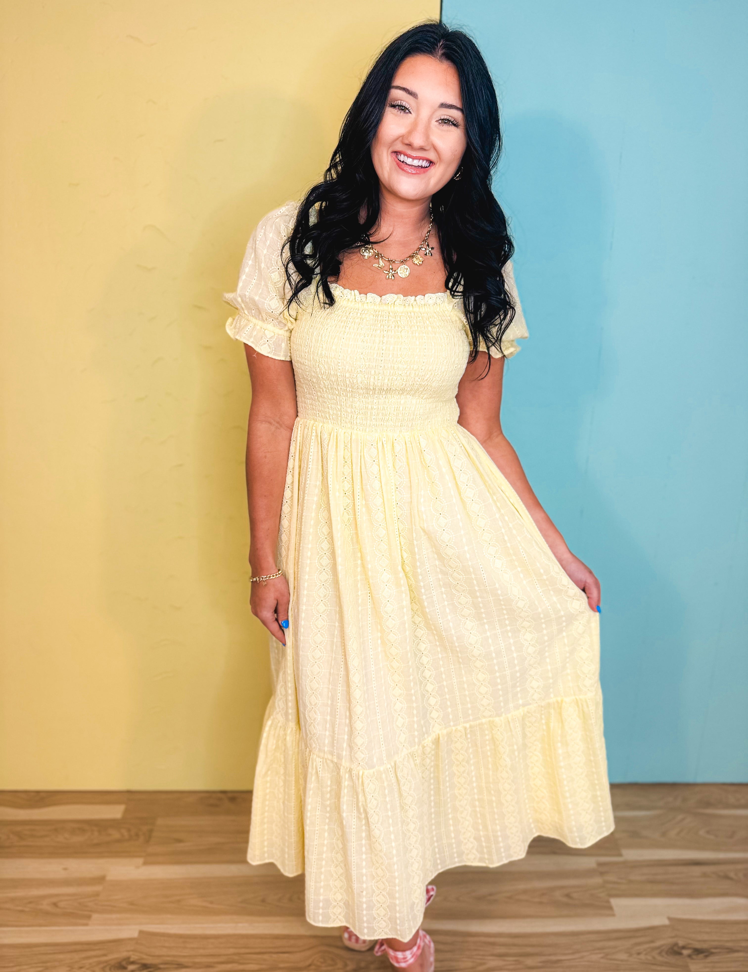 Smocked Eyelet Lace Maxi Dress - Lemon Water - Lace and Grace Boutique