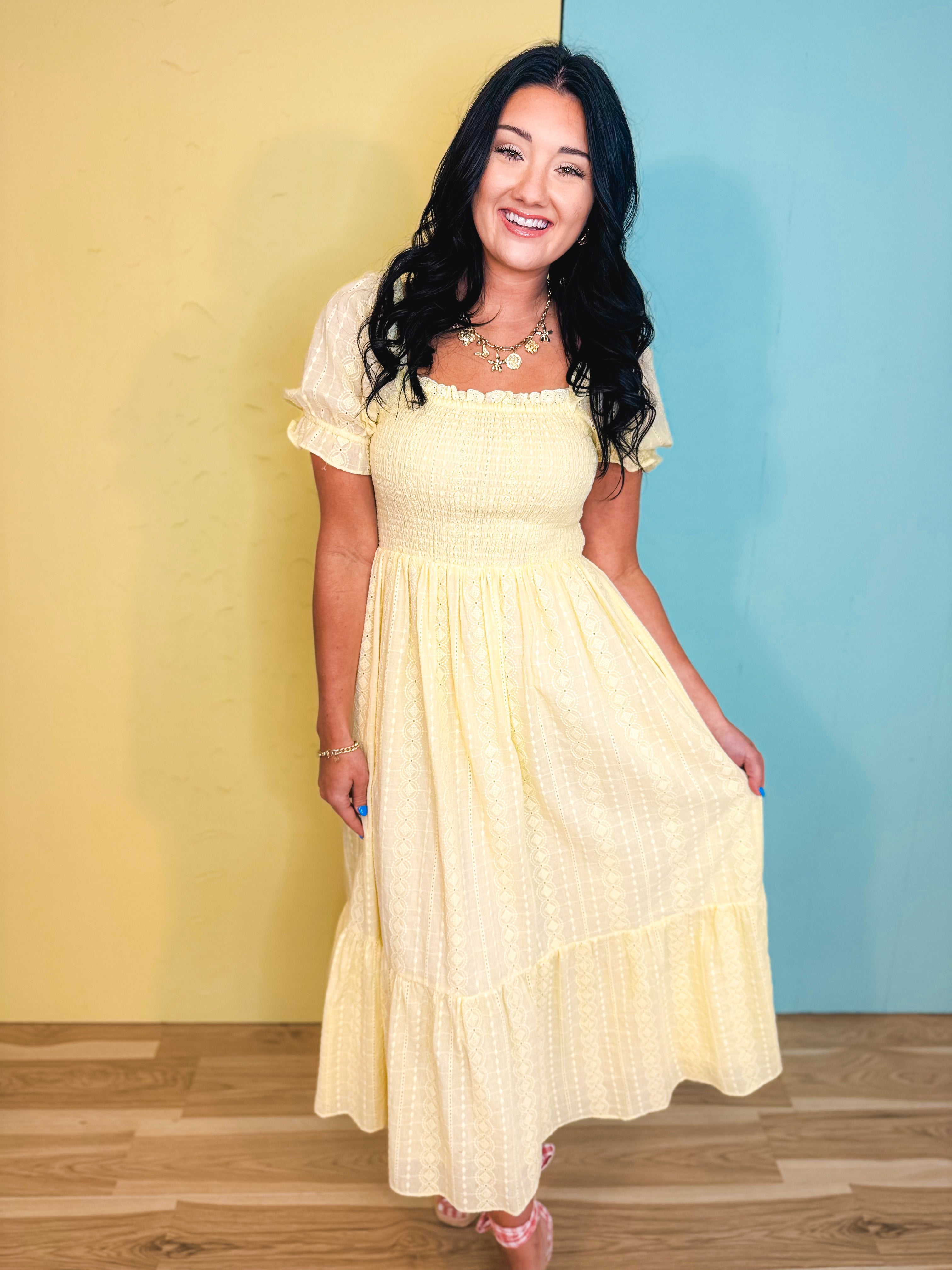 Smocked Eyelet Lace Maxi Dress - Lemon Water - Lace and Grace Boutique