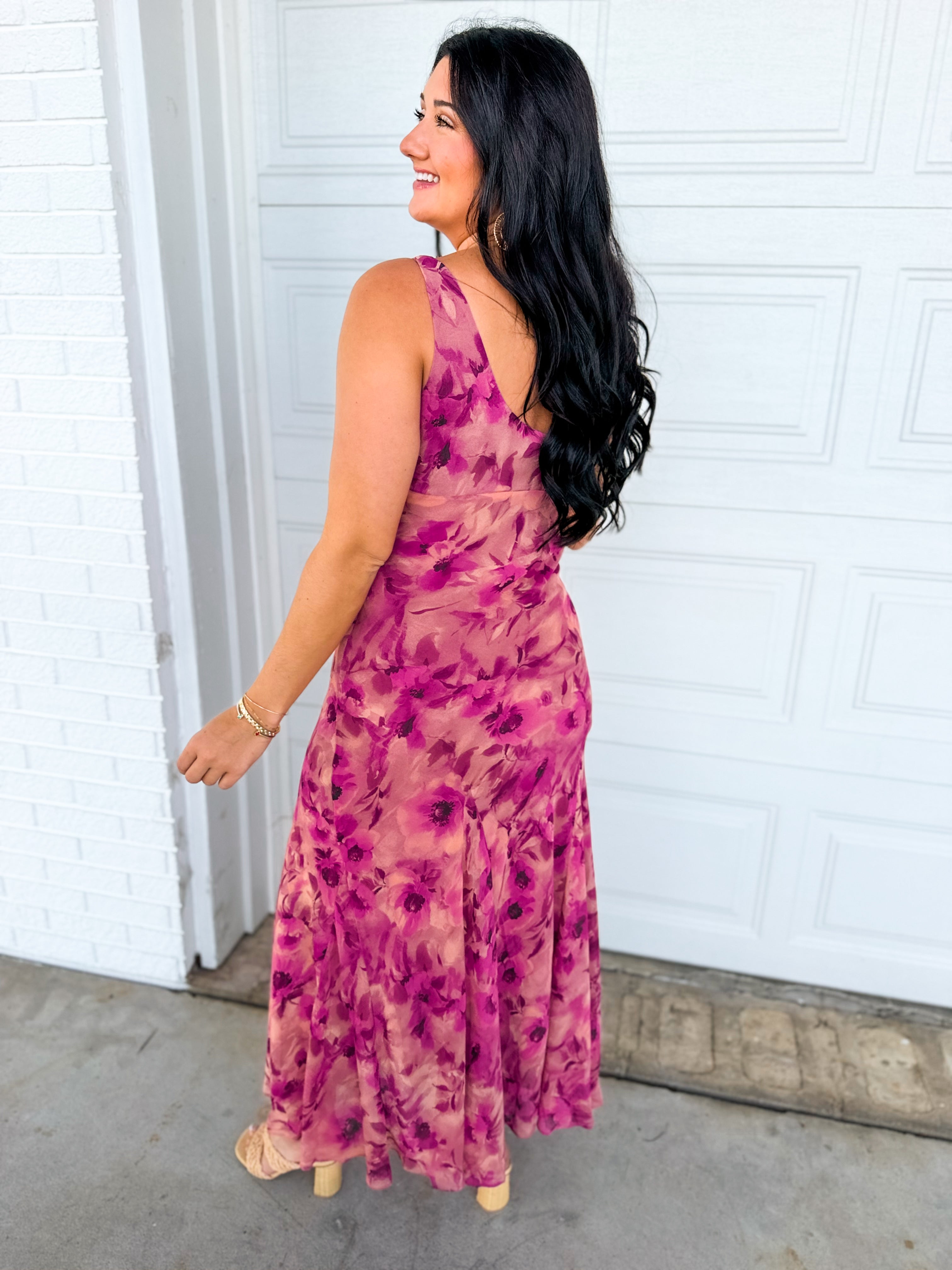 Soft Florals Printed Cowl Neck Maxi Dress - Sangria Bloom - Lace and Grace Boutique