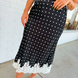 Lace Trim Polka Dot Midi Skirt - Black