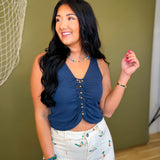 Ruched Bead Detail Tank Top - Navy - Lace and Grace Boutique