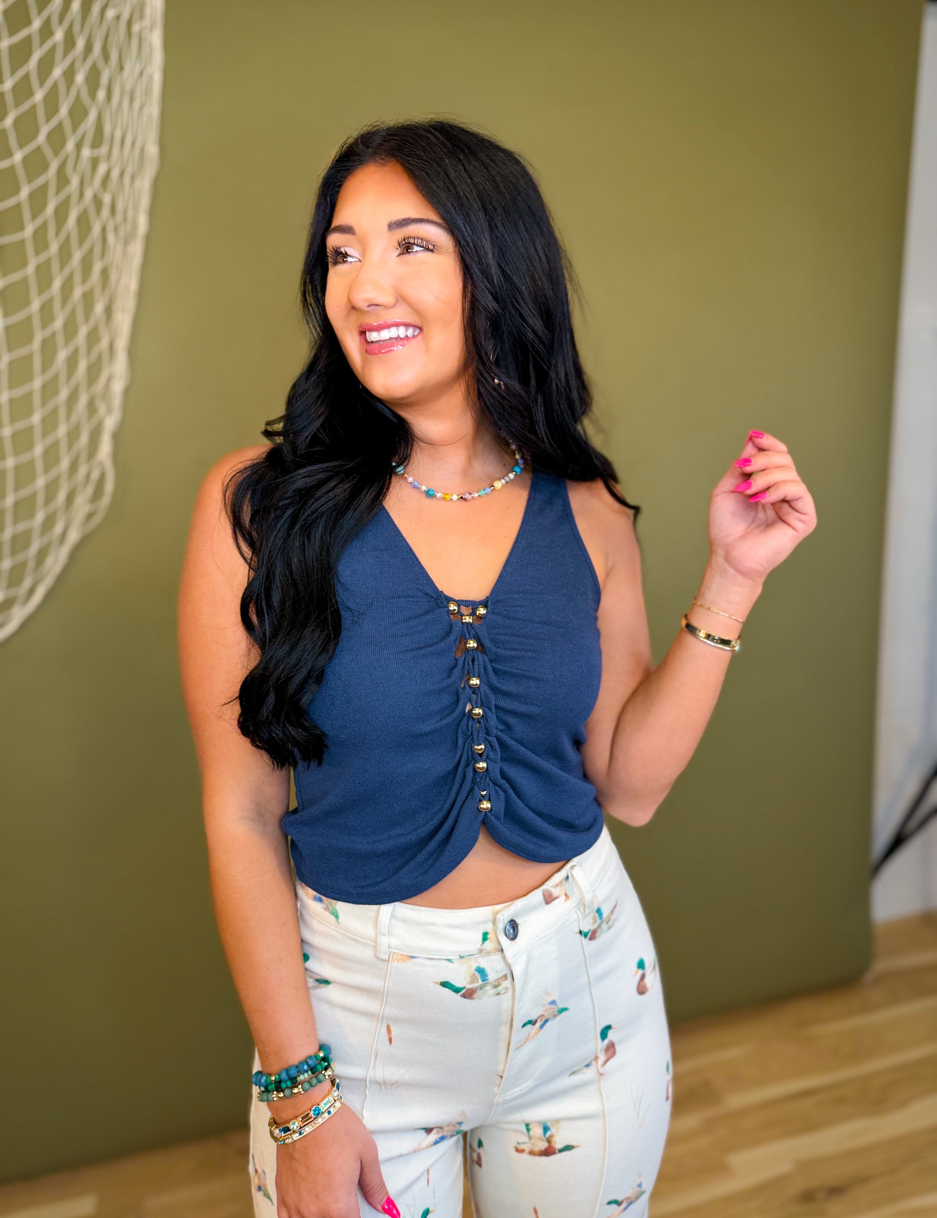 Ruched Bead Detail Tank Top - Navy - Lace and Grace Boutique