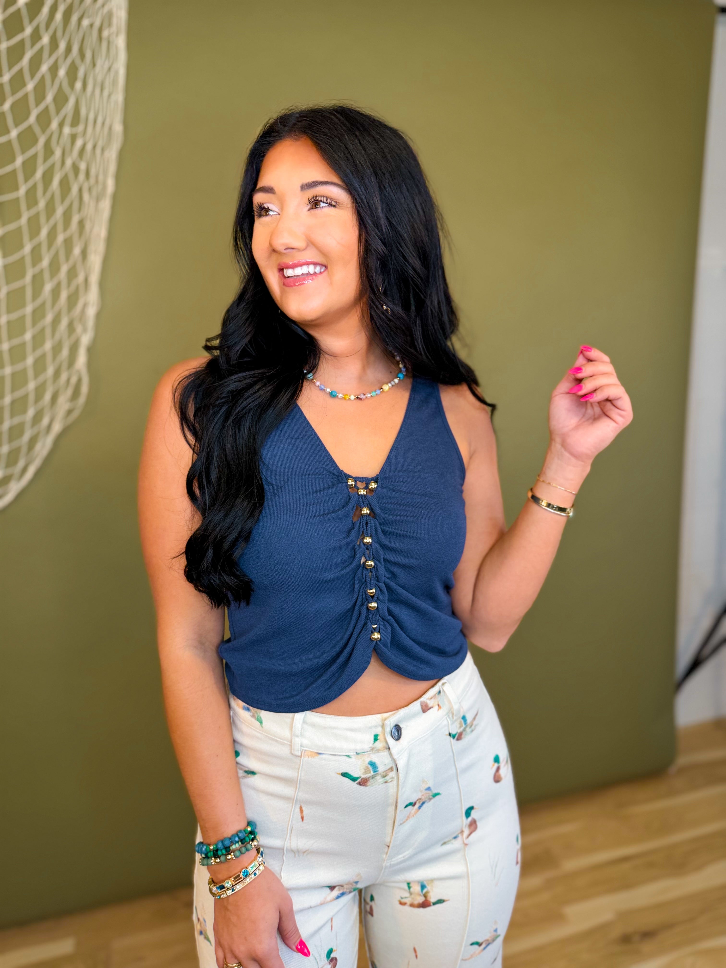 Ruched Bead Detail Tank Top - Navy - Lace and Grace Boutique