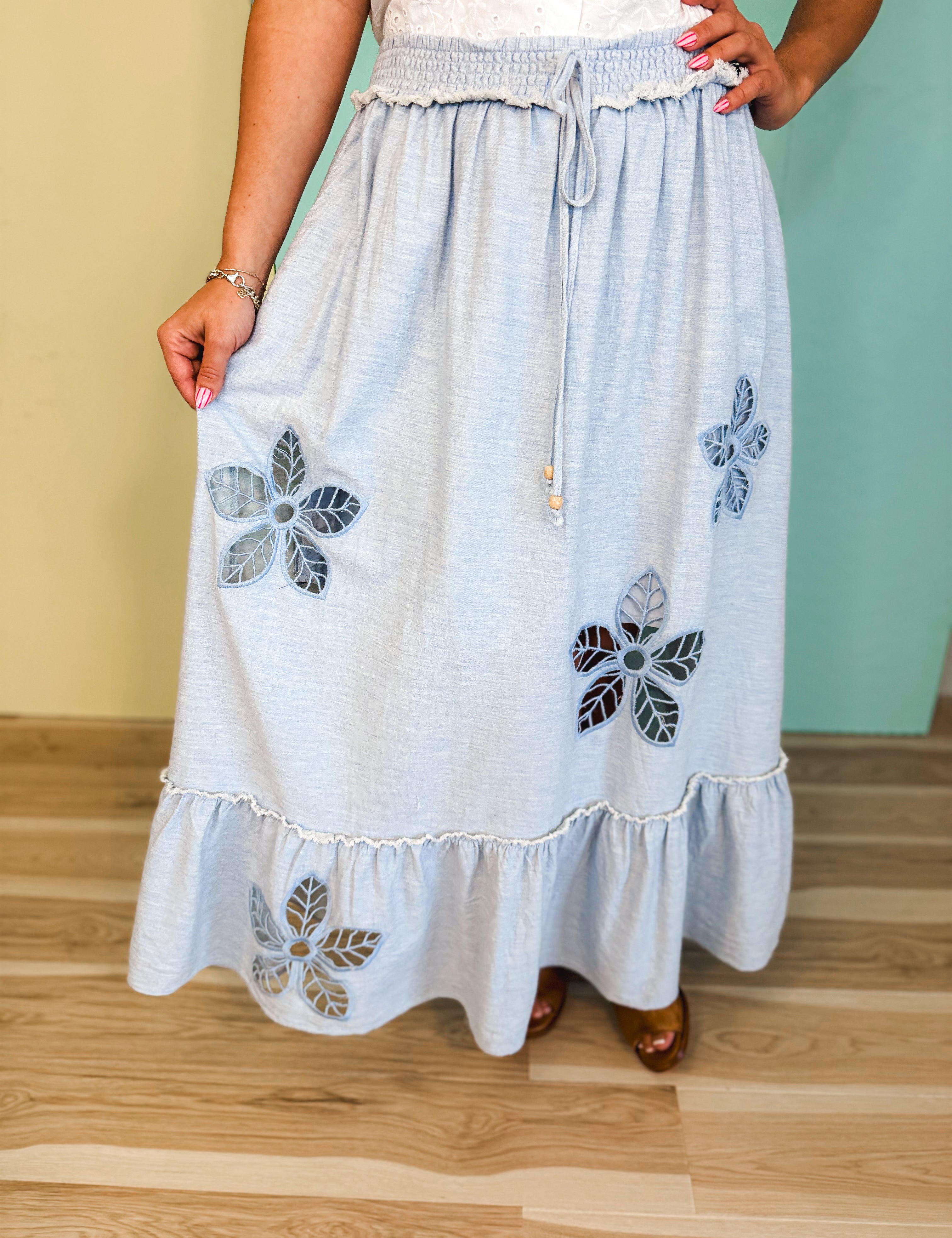 Eyelet Embroidered Midi Skirt - Chambray - Lace and Grace Boutique