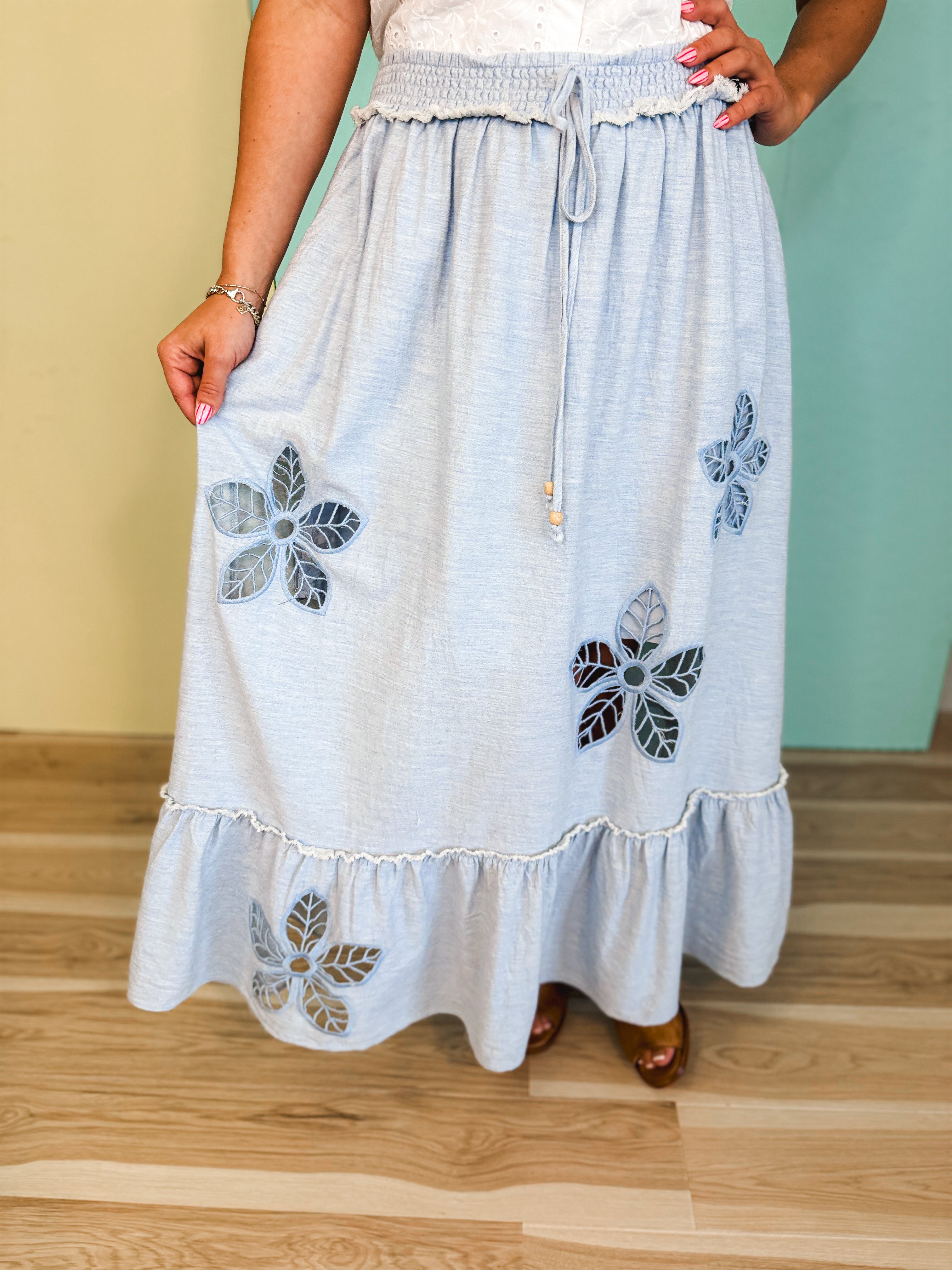 Eyelet Embroidered Midi Skirt - Chambray - Lace and Grace Boutique