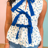 Floral Print Front Bow Balloon Hem Blouse - Ivory/Blue - Lace and Grace Boutique