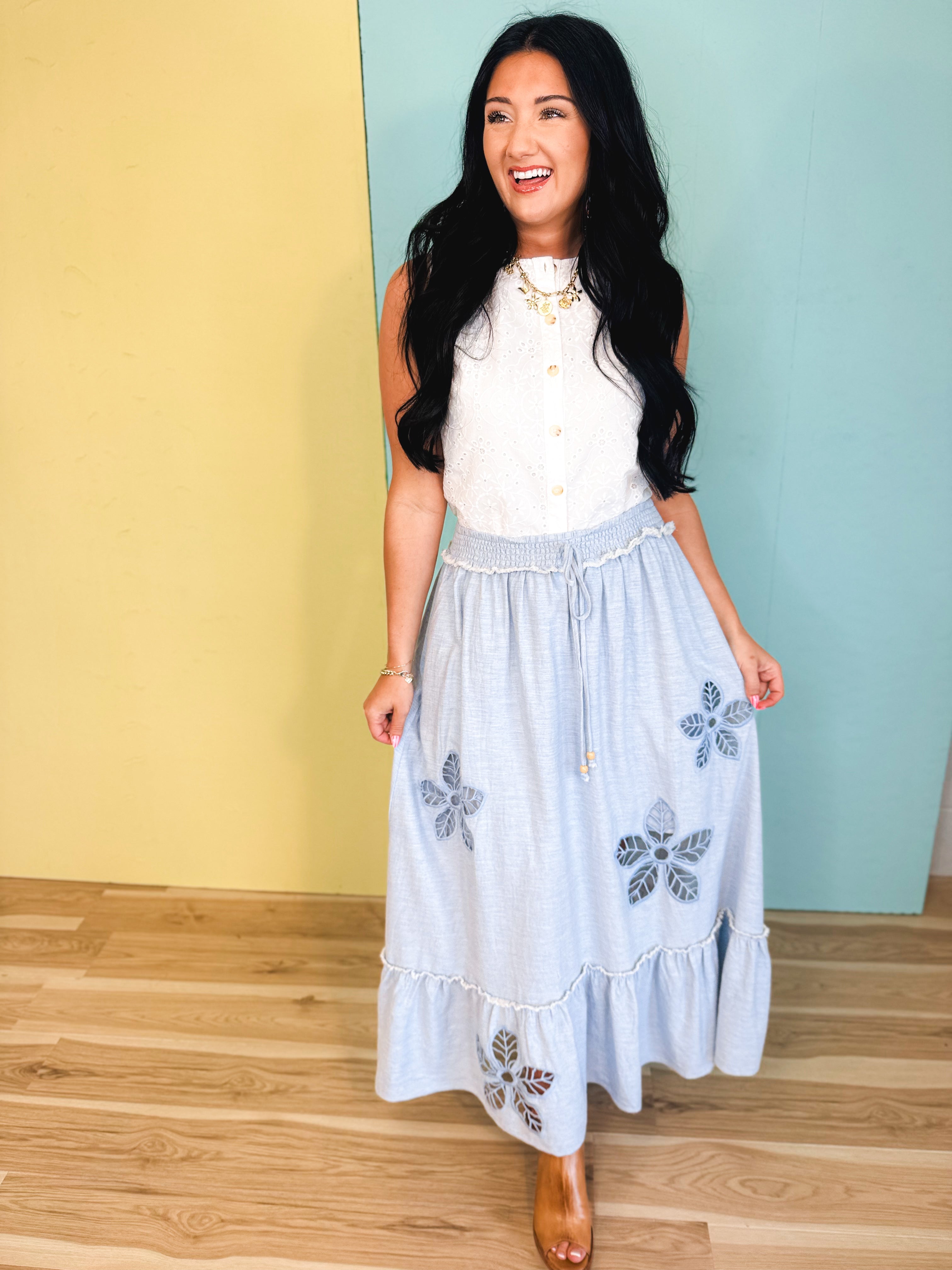 Eyelet Embroidered Midi Skirt - Chambray - Lace and Grace Boutique