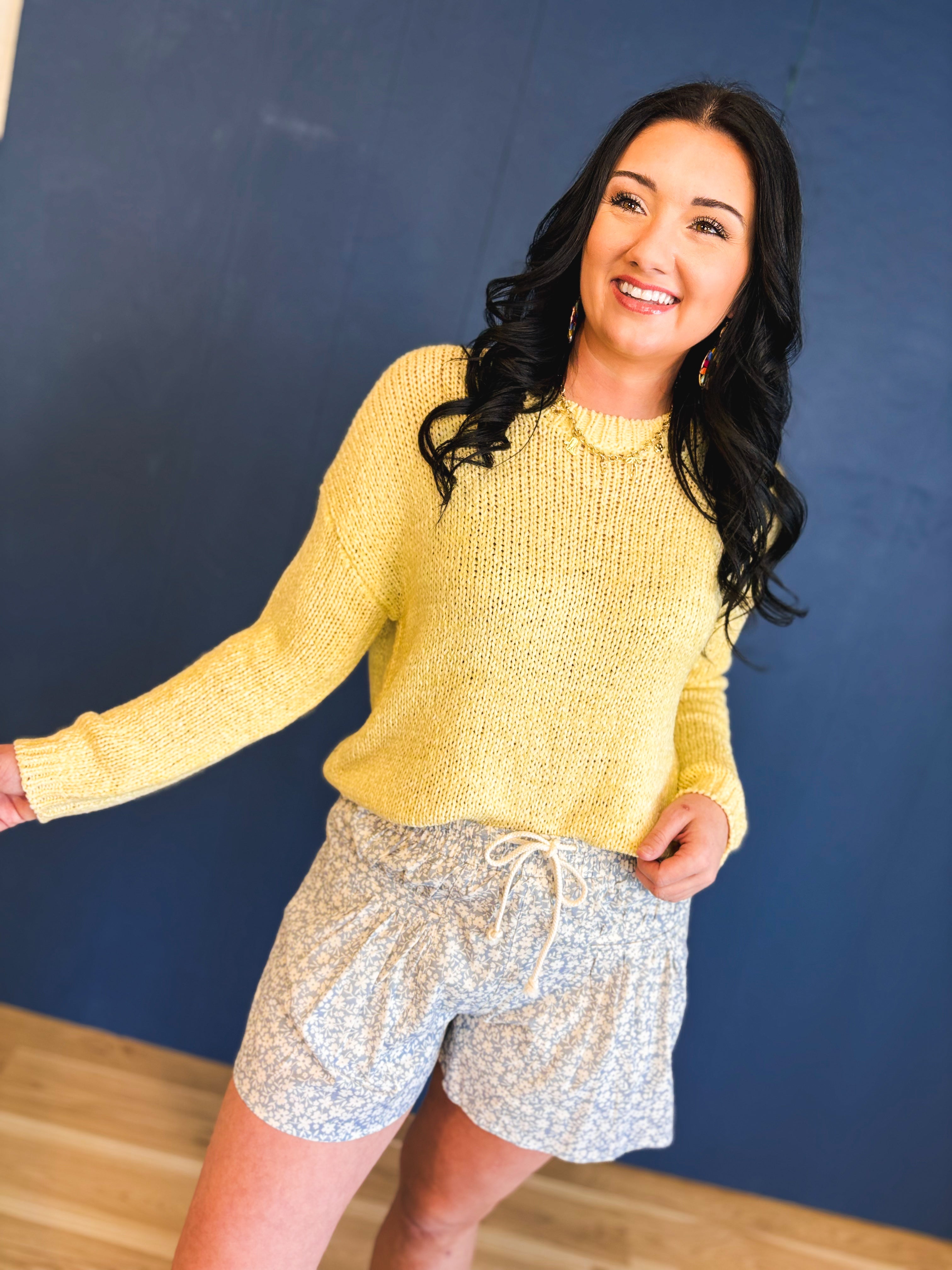 Open-Knit Crewneck Sweater - Lemon - Lace and Grace Boutique
