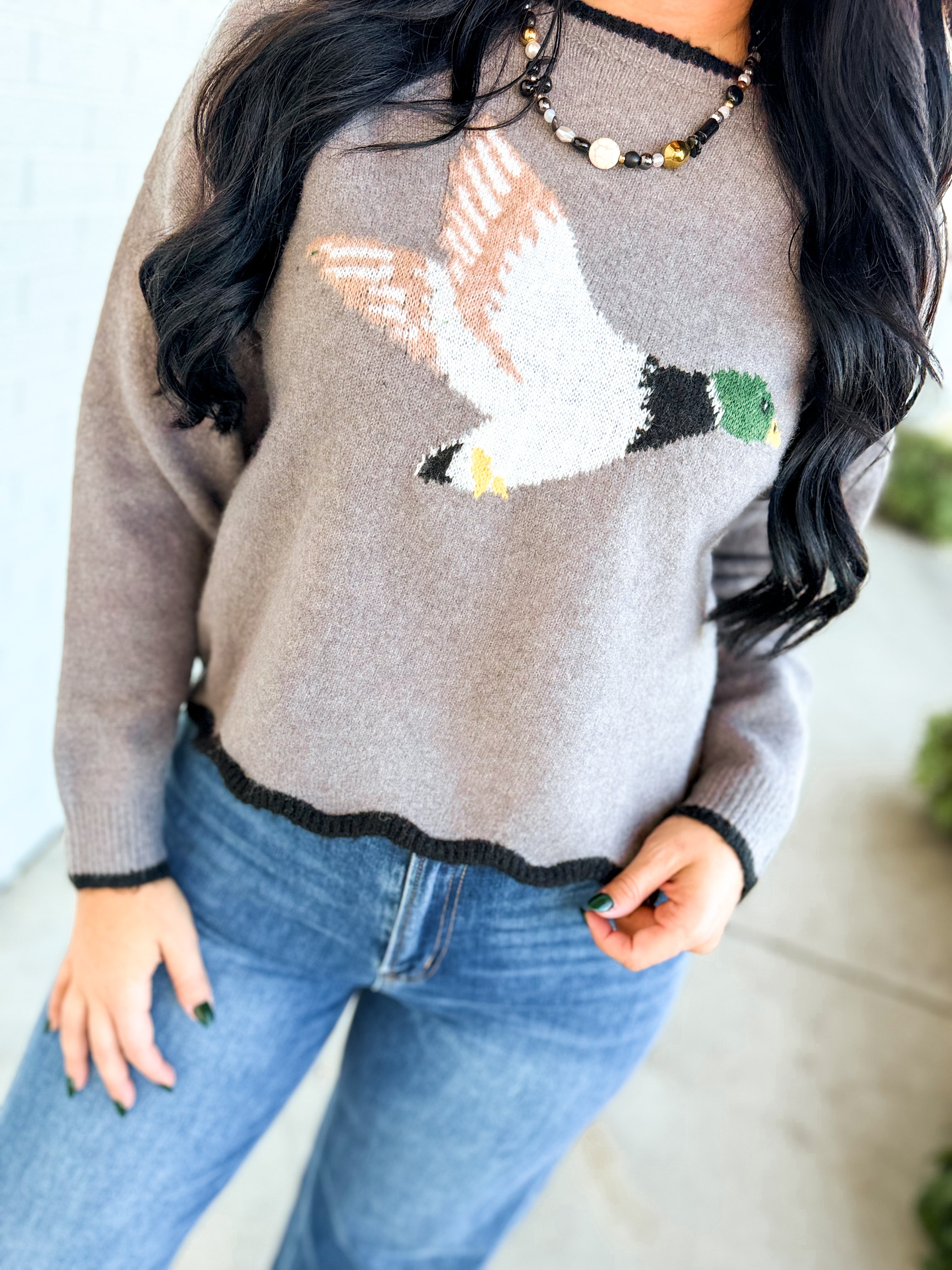 Simply Southern Flying Duck Scalloped Edge Knit Sweater - Grey - Lace and Grace Boutique