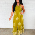 Smocked Border Print Maxi Dress - Olive Palm - Lace and Grace Boutique
