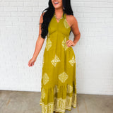 Smocked Border Print Maxi Dress - Olive Palm - Lace and Grace Boutique