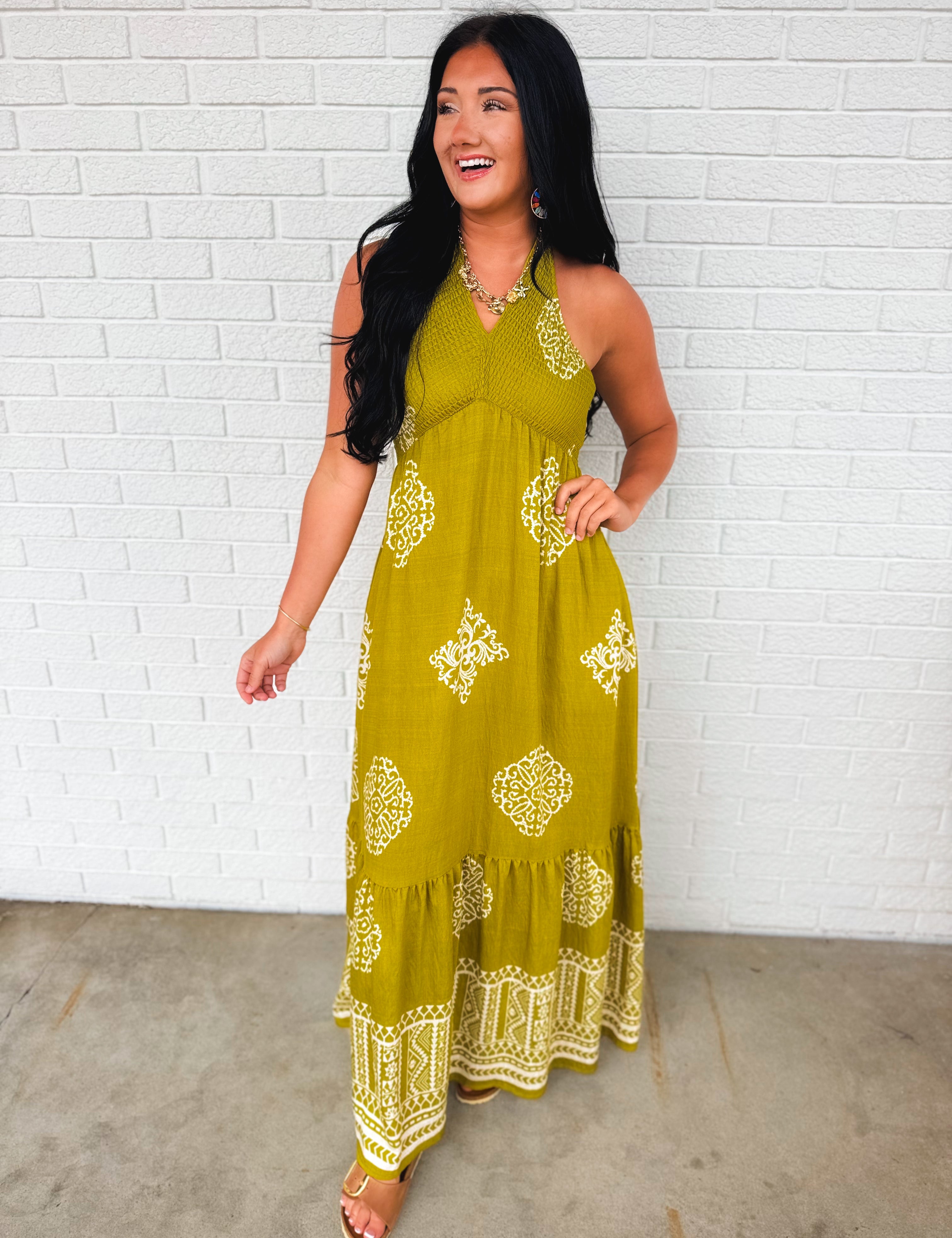 Smocked Border Print Maxi Dress - Olive Palm - Lace and Grace Boutique