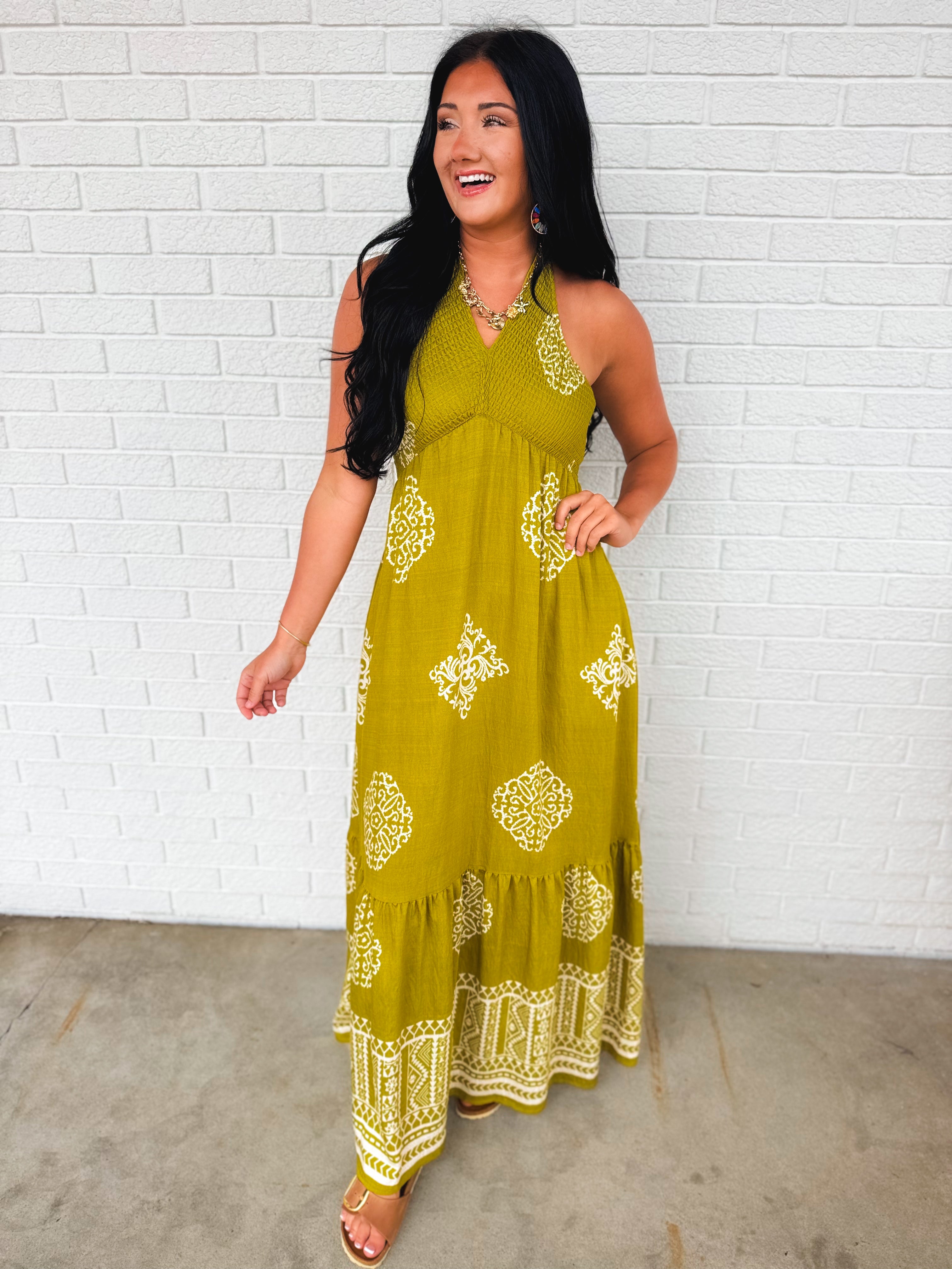 Smocked Border Print Maxi Dress - Olive Palm - Lace and Grace Boutique