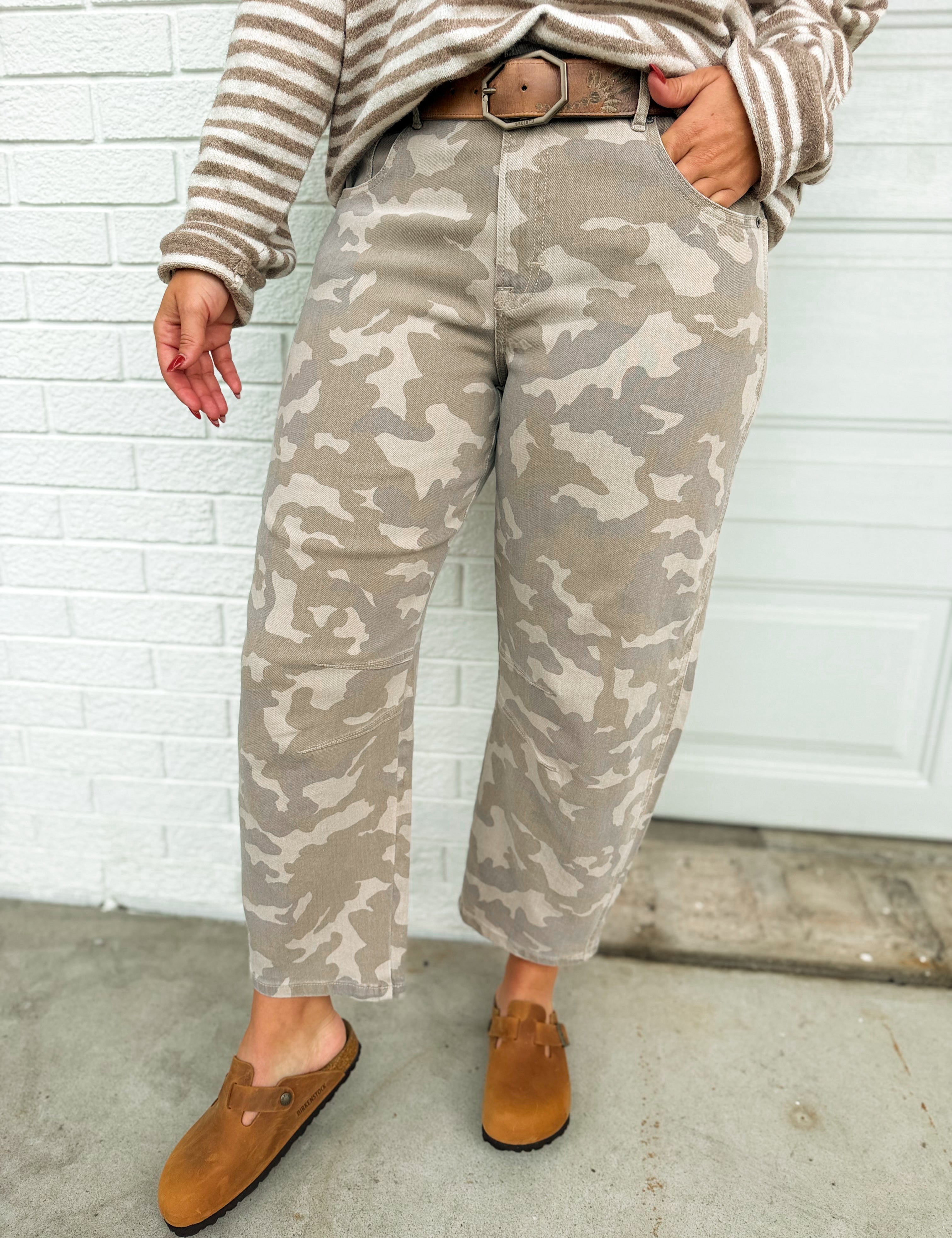 Hidden Sammie Cropped Barrel Jeans - Tan Camo - Lace and Grace Boutique