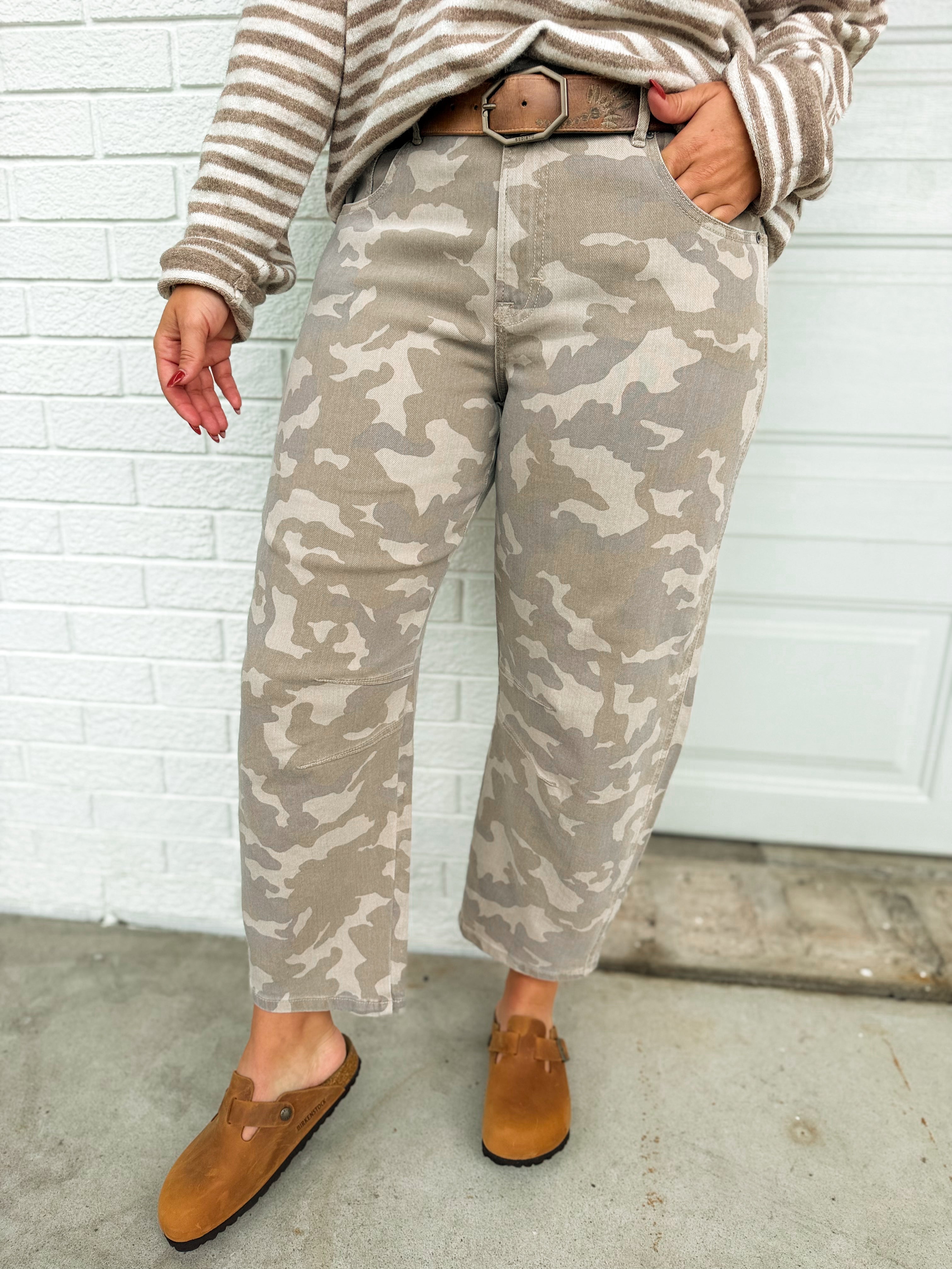 Hidden Sammie Cropped Barrel Jeans - Tan Camo - Lace and Grace Boutique