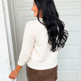 Cable Knit Puff Sleeve Sweater - Ecru