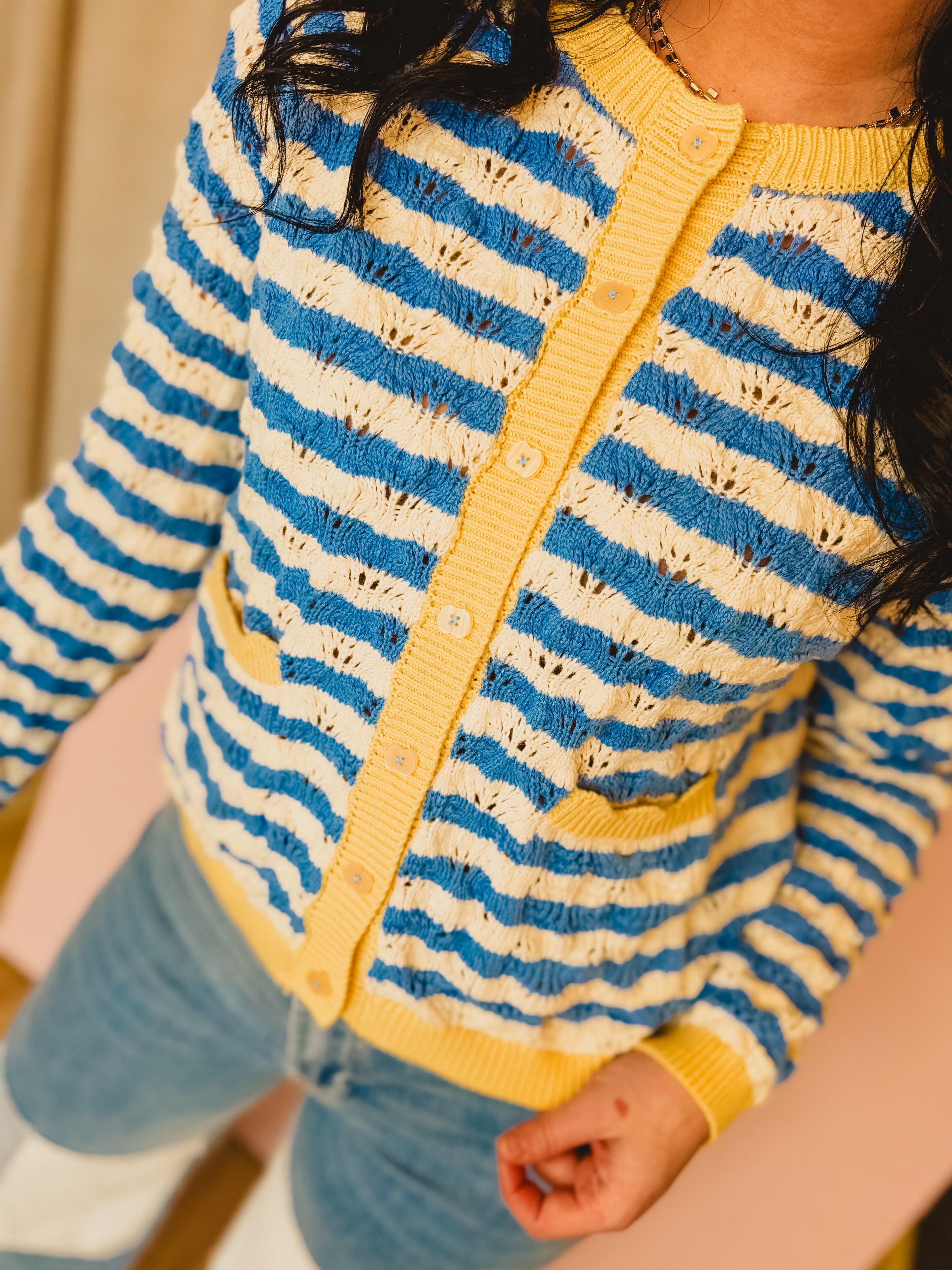 Wavy Striped Contrast Sweater Cardigan - Blue/White - Lace and Grace Boutique